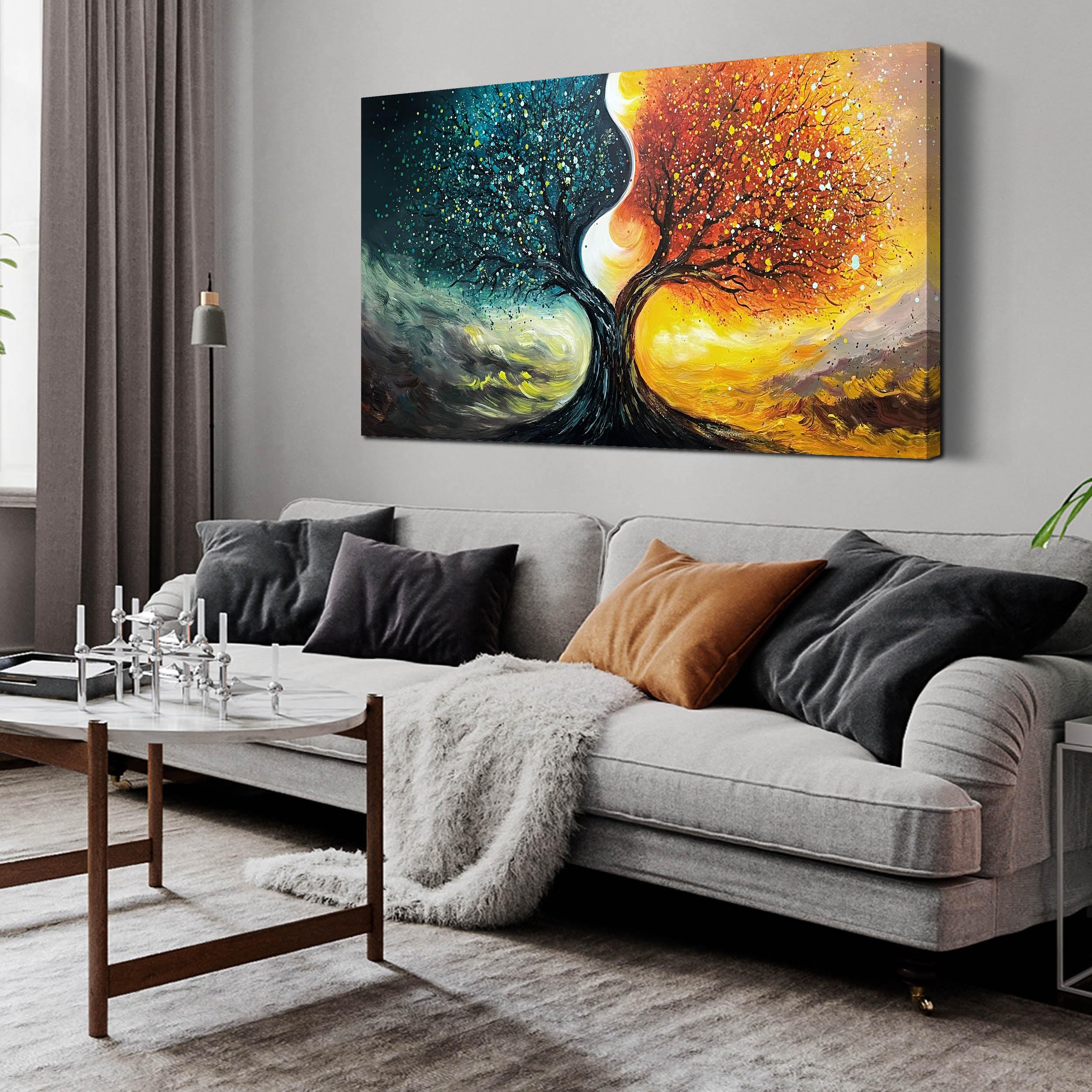 Huboskn Tree Painting Wall Art For Living Room - Teal And Yellow Hand Painted Wall Art For Office - Abstract Canvas Wall Art For