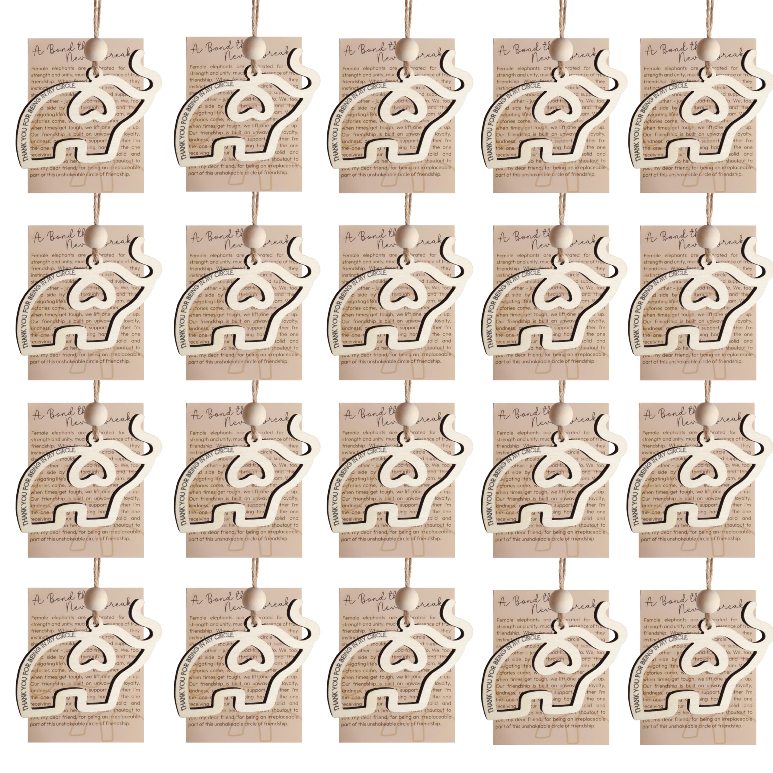 Friendship Elephant Ornament with Gift Card, Best Friend Birthday Gifts for Women, Decorative Hanging Ornament (Natural-20Pcs)