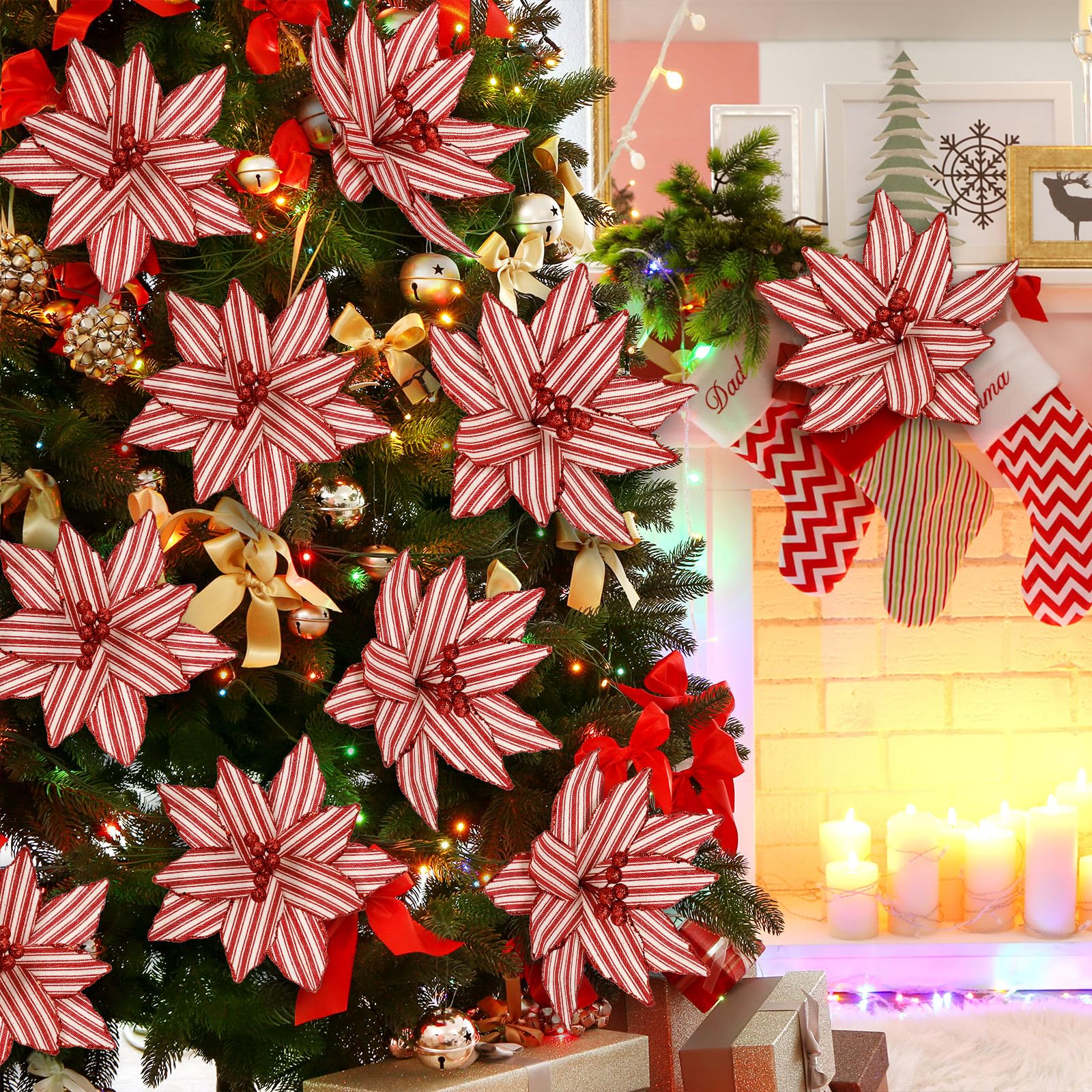 Soulchen 12 Pcs 12 Red and White Christmas Poinsettia Candy Cane Poinsettia Christmas Tree Ornaments Peppermint Flower Tree wi