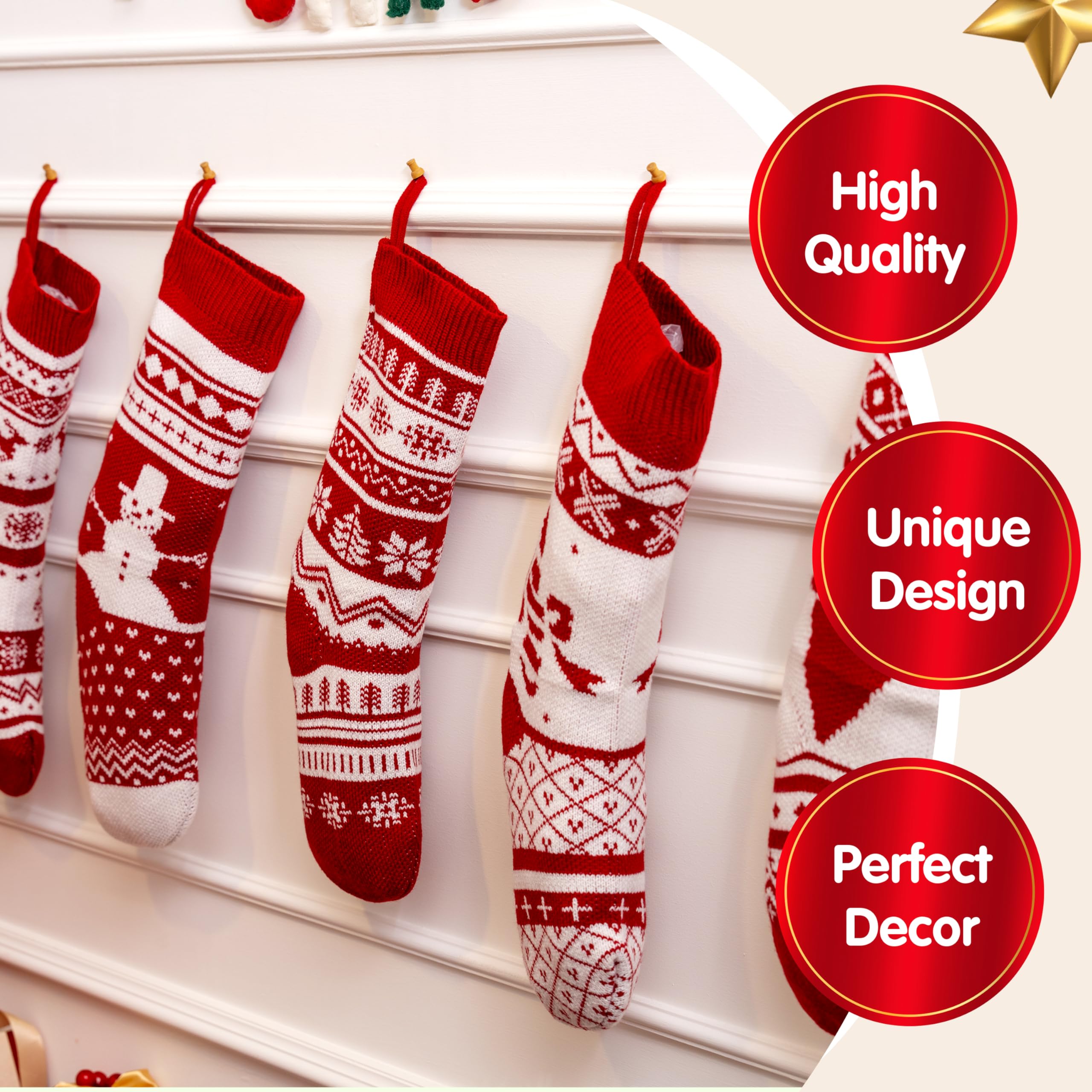 JOYIN 6 Pack 18 Christmas Knit Stockings, Large Rustic Yarn Xmas Stockings Bulk, Cable Knit Xmas Stockings with Snowflake Snowma