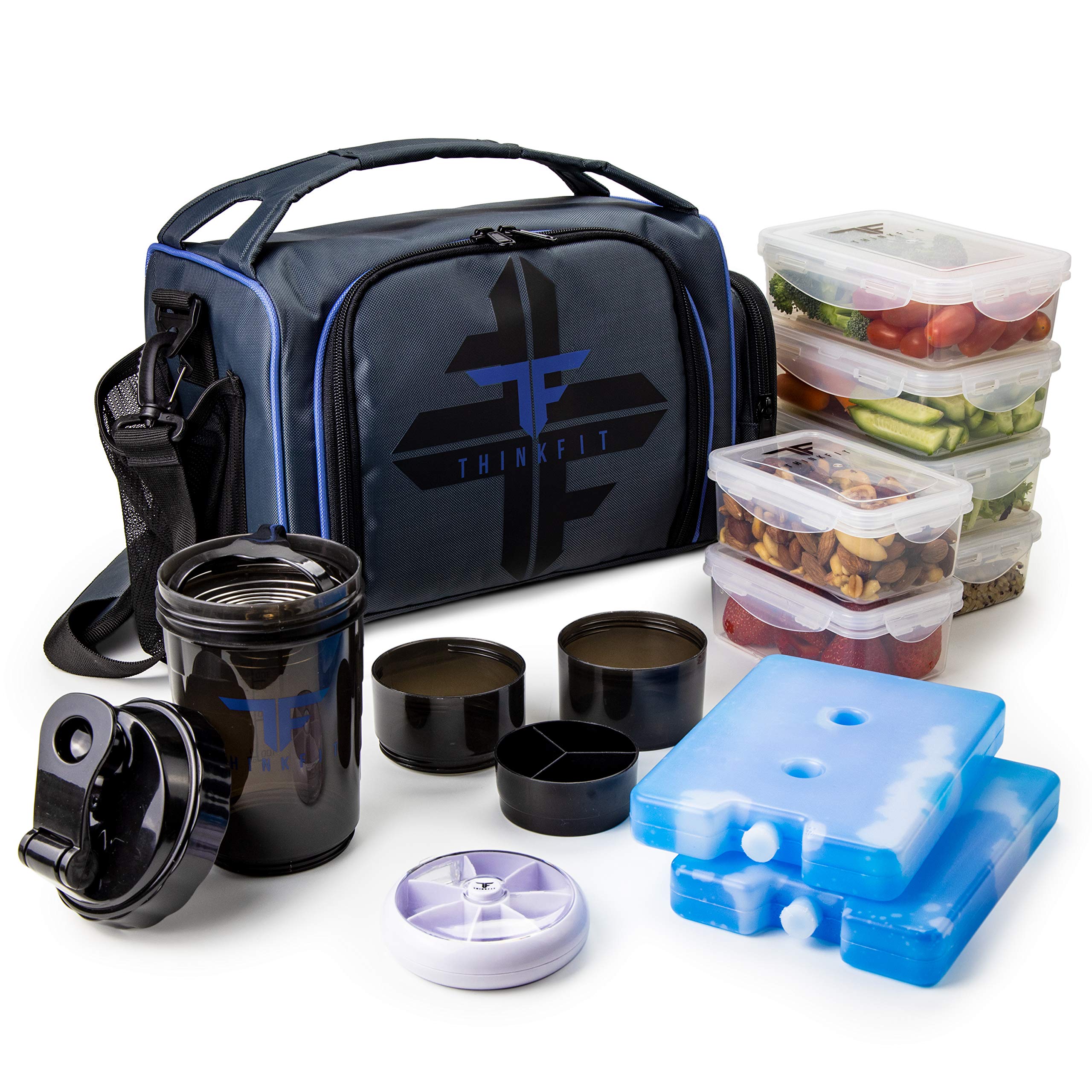 ThinkFit Insulated Lunch Box with 6 Portion Control Containers, Pill Dispenser, Shaker Cup & Ice Packs - BPA-Free, Reusable, Mic