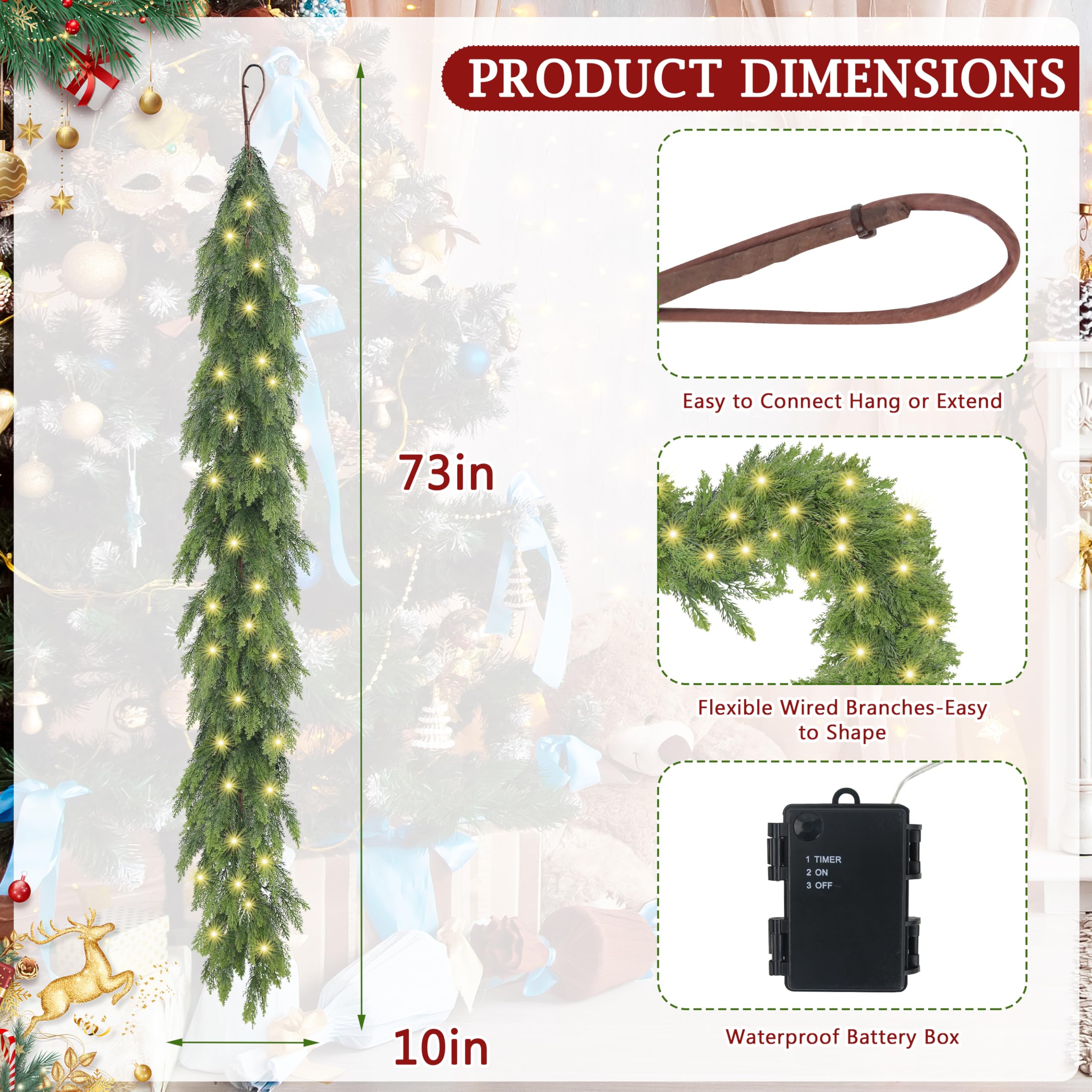 Goldshire 6FT Christmas Cedar Garland with Light, Lighted Real Touch Cedar Garland, Artificial Greenery Garlands for Table Firep