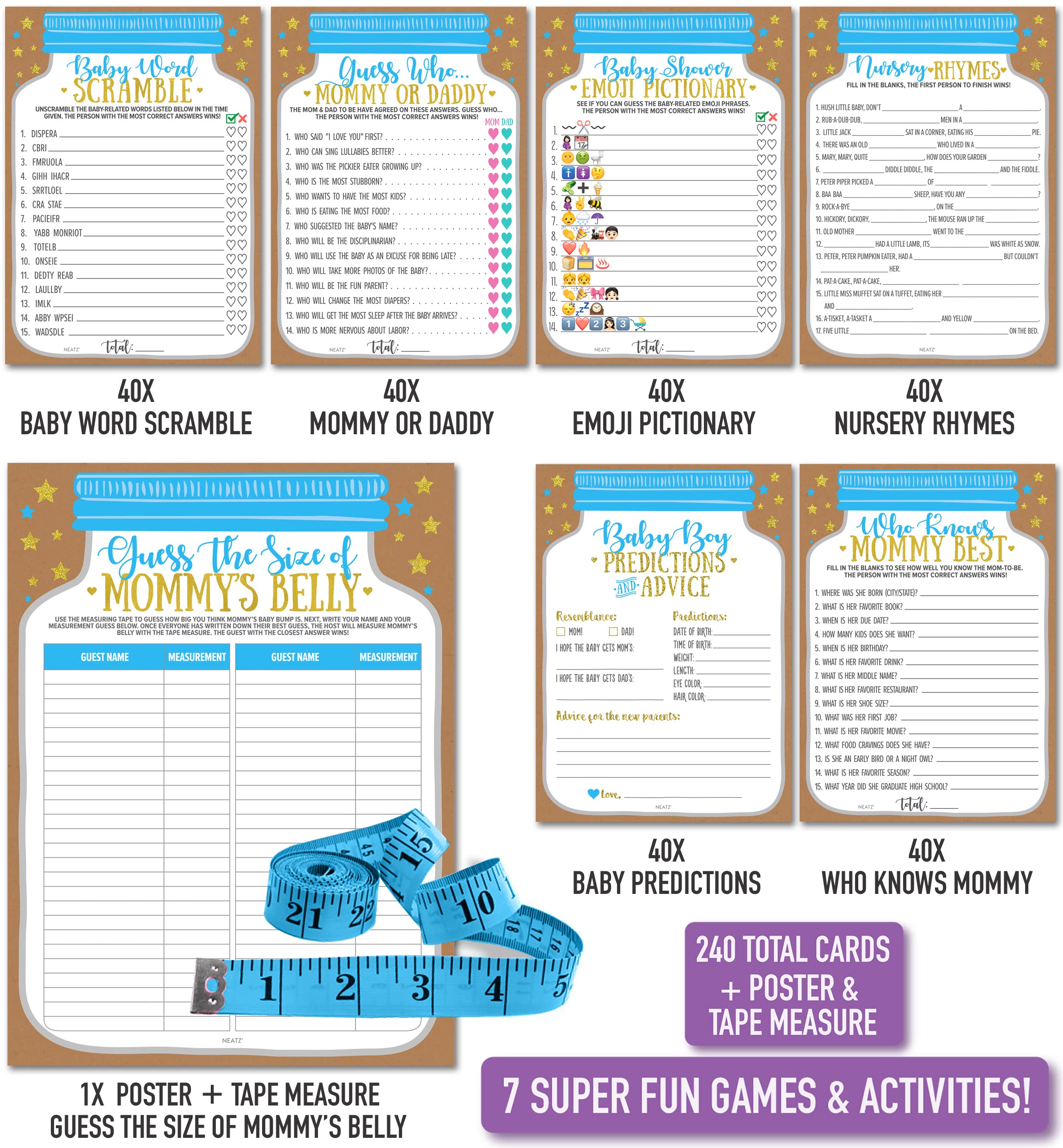 Neatz Baby Shower Games Boy - Huge Set, 7 Games (40 Of Each, 240 Cards) - Blue Mason Jar Design To Match Your Baby Shower Decora