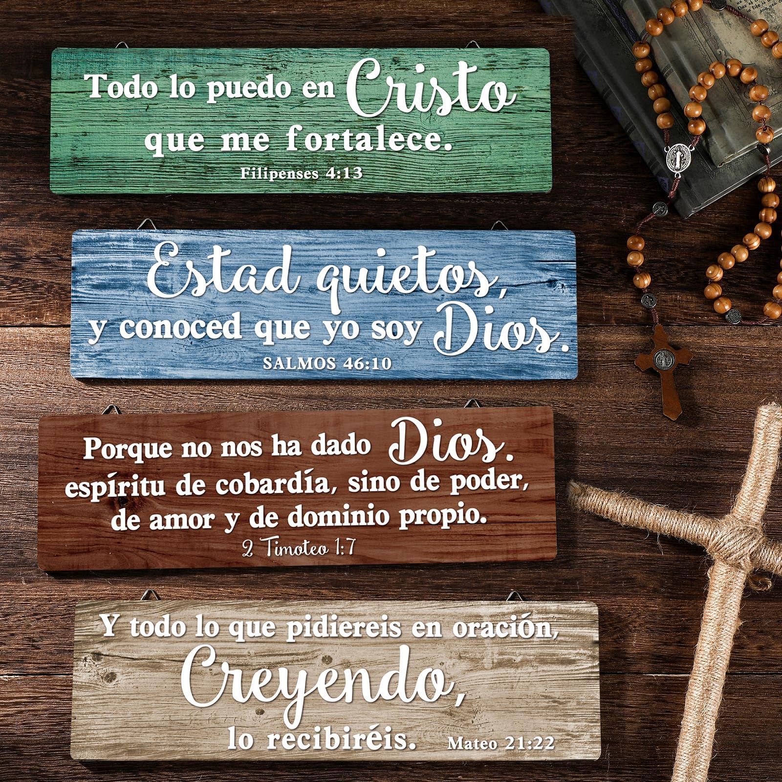 Yousoontic 4 Pieces Spanish Bible Verses Wall Decor Christian Spanish Wood Plaque Hanging Sign Religious Wall Decor Bible Verses