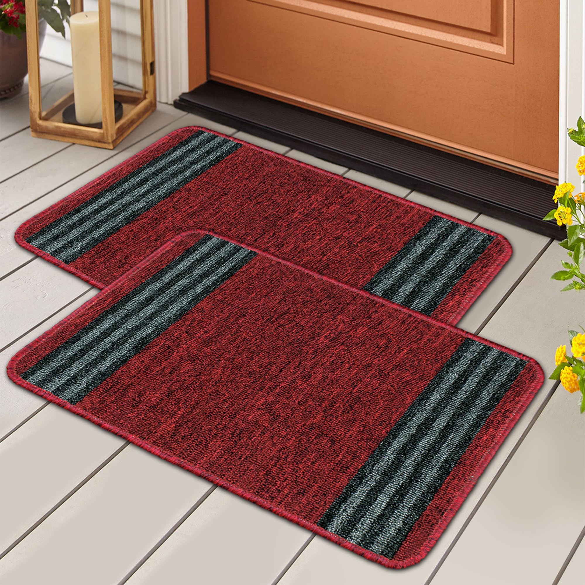 Mollishomes Soft Anti Slip Door Mat Set Of 1, Anti-Skid Nylon Bathroom Mats Water Soak, 57 X 37 Cm, Maroon Stripes Design, Best 