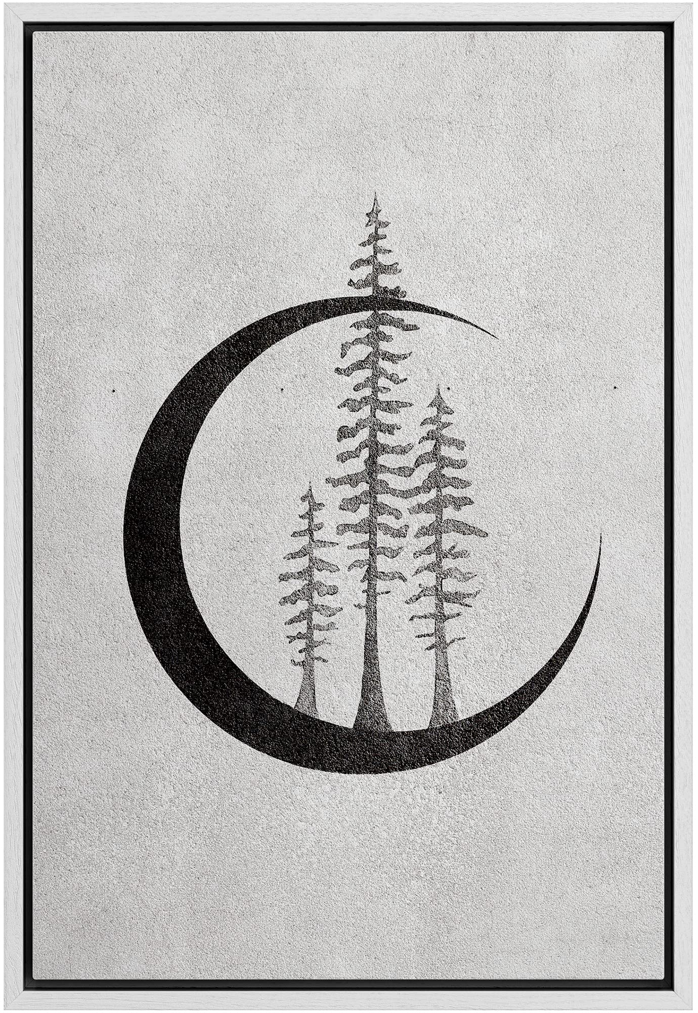 Nwt Framed Canvas Print Wall Art Sketch Style Pine Trees On Crescent Moon Nature Wilderness Photography Realism Minimalist Sceni