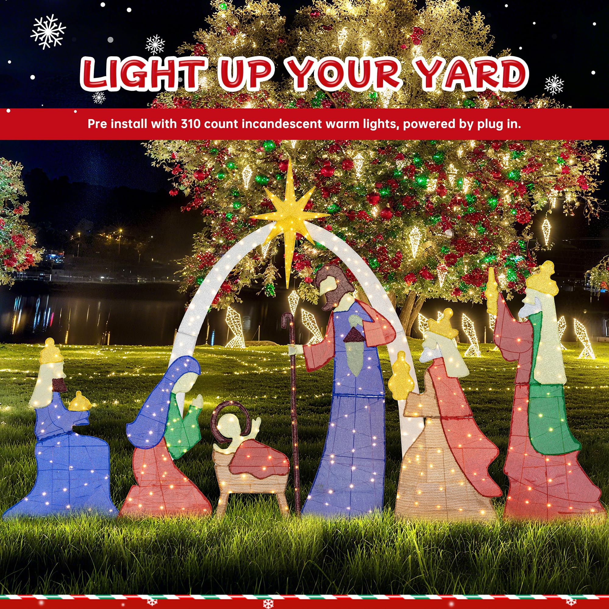 Meilocar 6 FT Christmas Outdoor Nativity Scene Set, 7pcs Weatherproof Holy Family Outdoor Decorations Nativity Set for Christmas