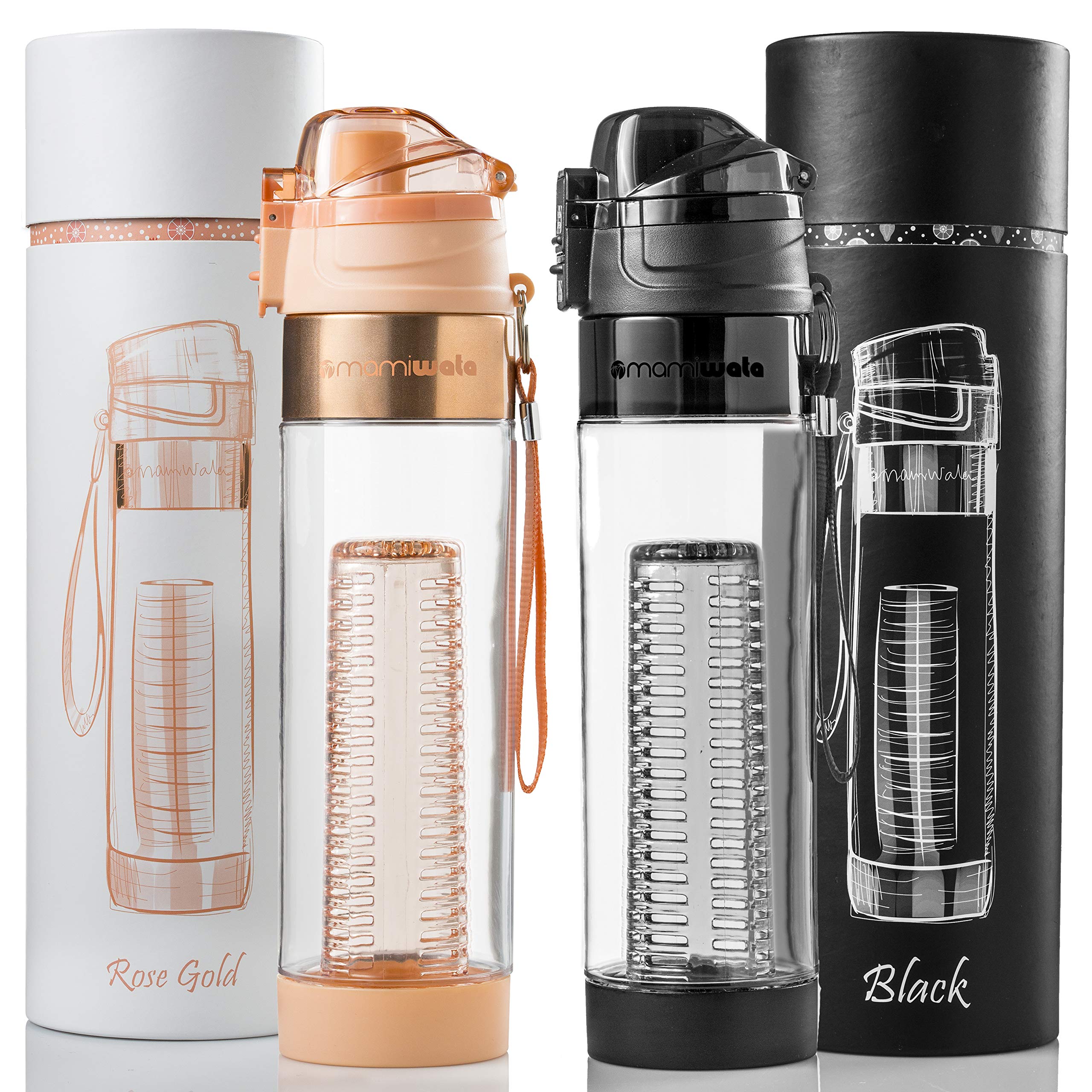 MAMI WATA Fruit Infuser Water Bottle - 24 oz - Tritan Plastic - Unique Stylish Design - Fruit Infused Water recipes eBook & Insu