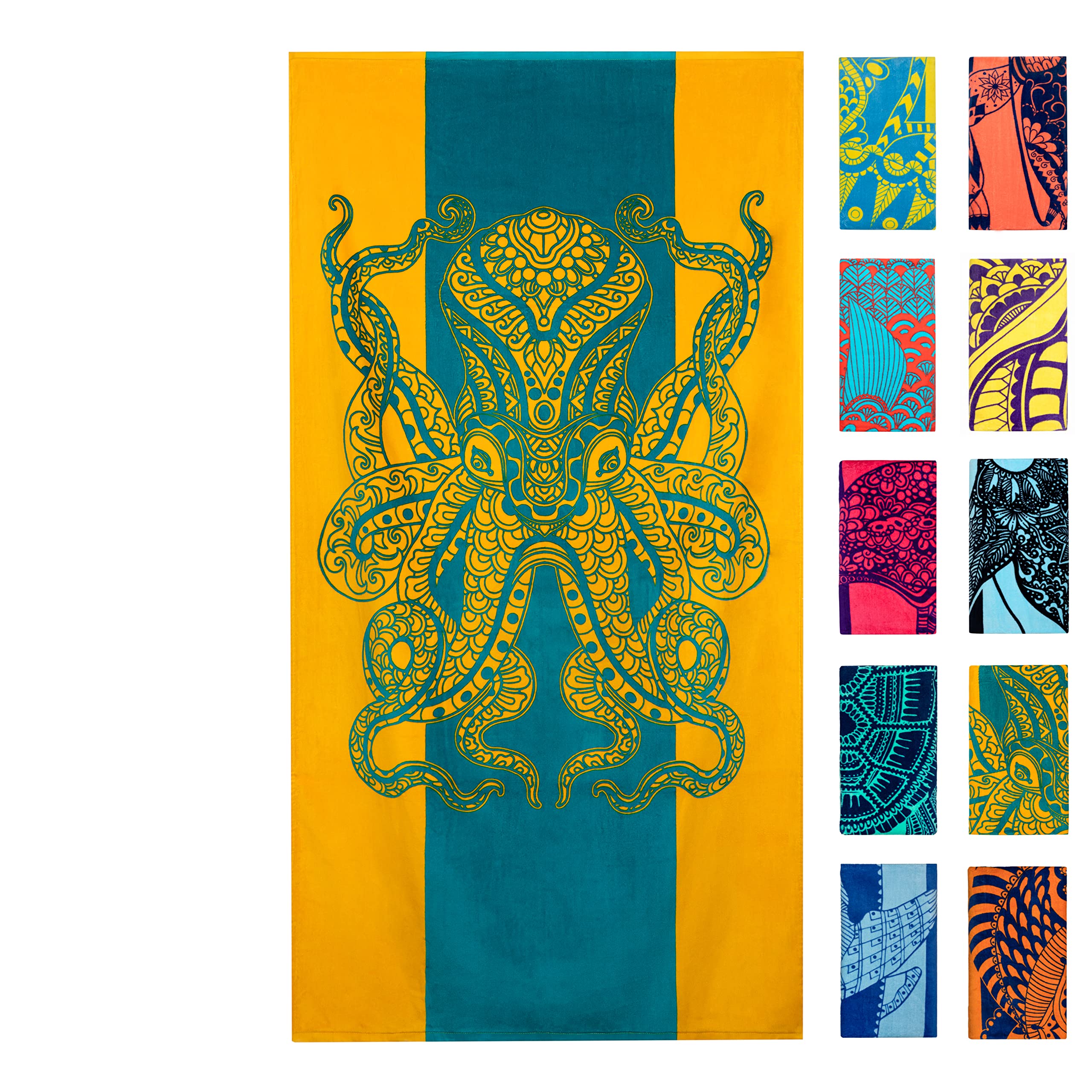 Nova Blue Octopus Beach Towel (34 X 63) - Orange & Teal Colorway With Tropical Design Travel Beach Towel Made From 100% Cotton -