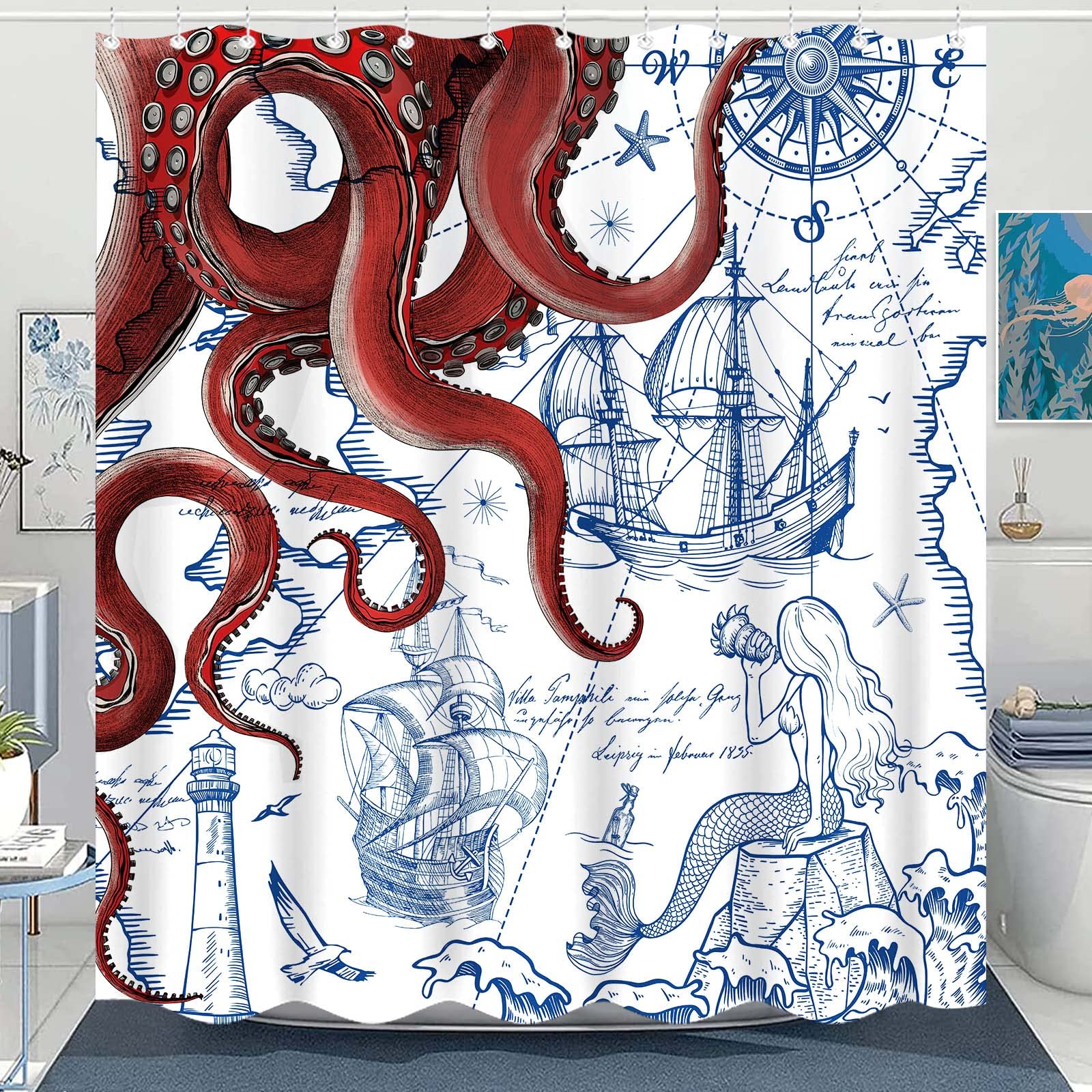 Fungarth Long Red Nautical Octopus Shower Curtain Navy Blue Mermaid Funny Ocean Kraken Shower Curtains For Bathroom Cool Anchor