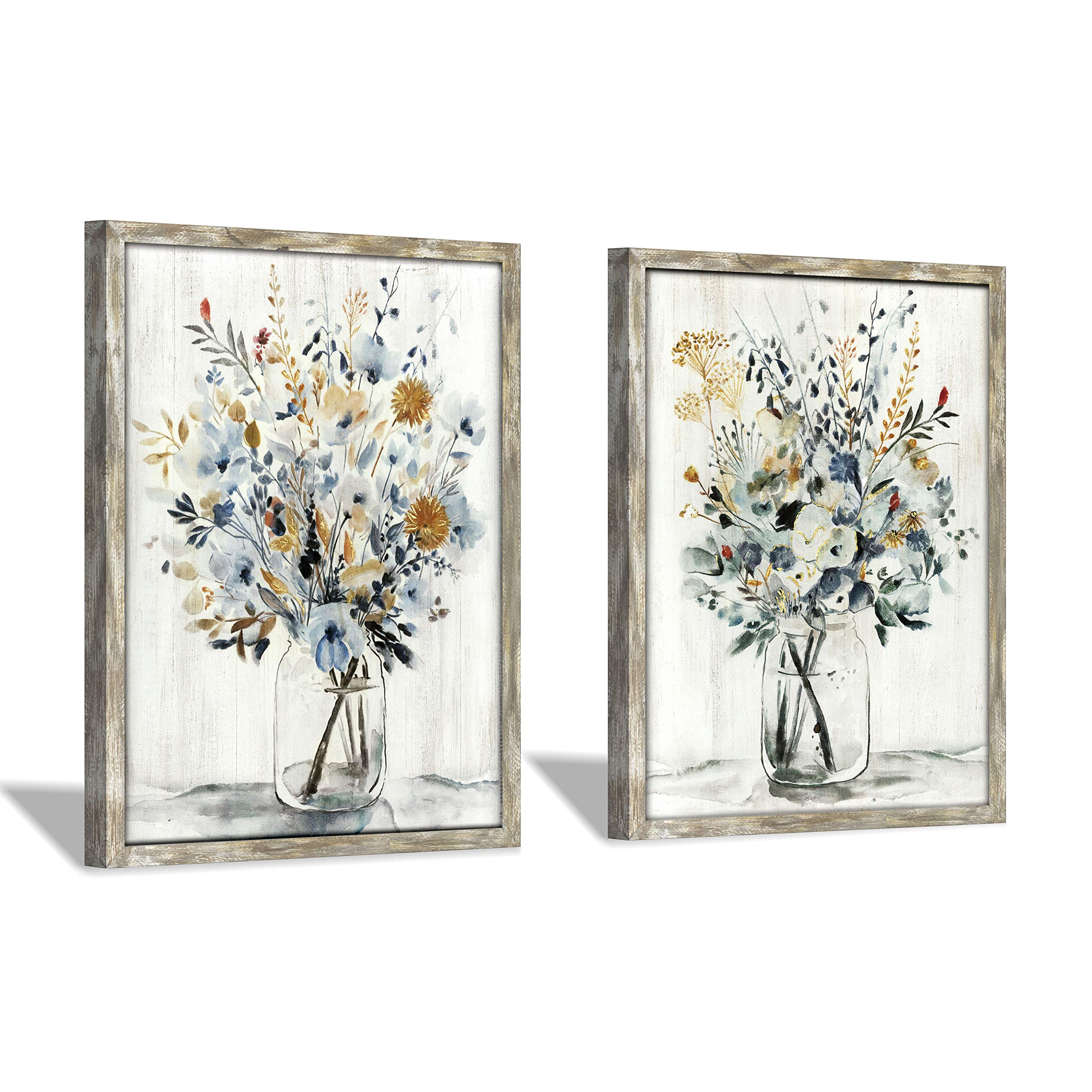 Floral Picture Wall Art Painting: Blossom Bouquet Flowers Print On Rustic Wood And Handcrafted Wooden Framed Artwork For Home An
