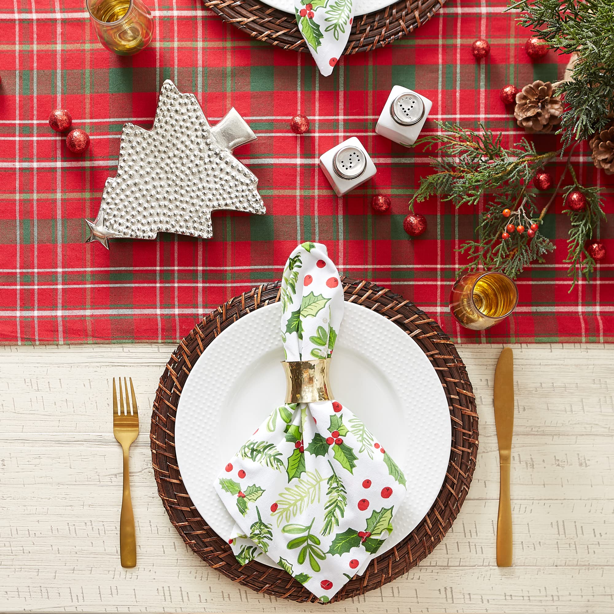 DII Holiday Dining Table Linen Collection Tartan Holly Plaid  Christmas Table Runner  14x108  Red & Green