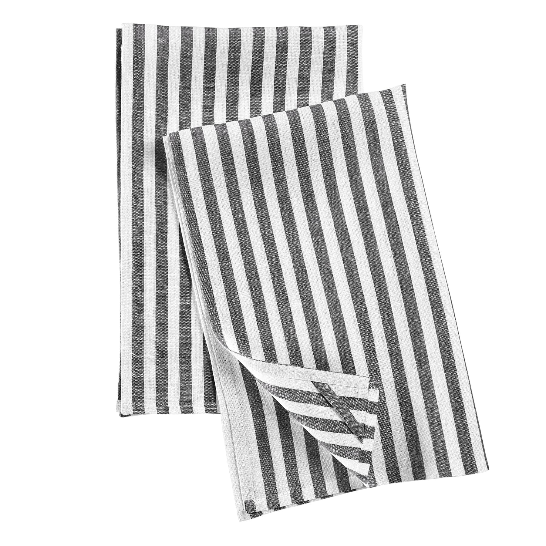 Solino Home Linen Kitchen Towels Set of 2 - Black and White 17 x 26 Inch - 100% Pure Linen Amalfi Stripe Kitchen/Tea Towels - Ma