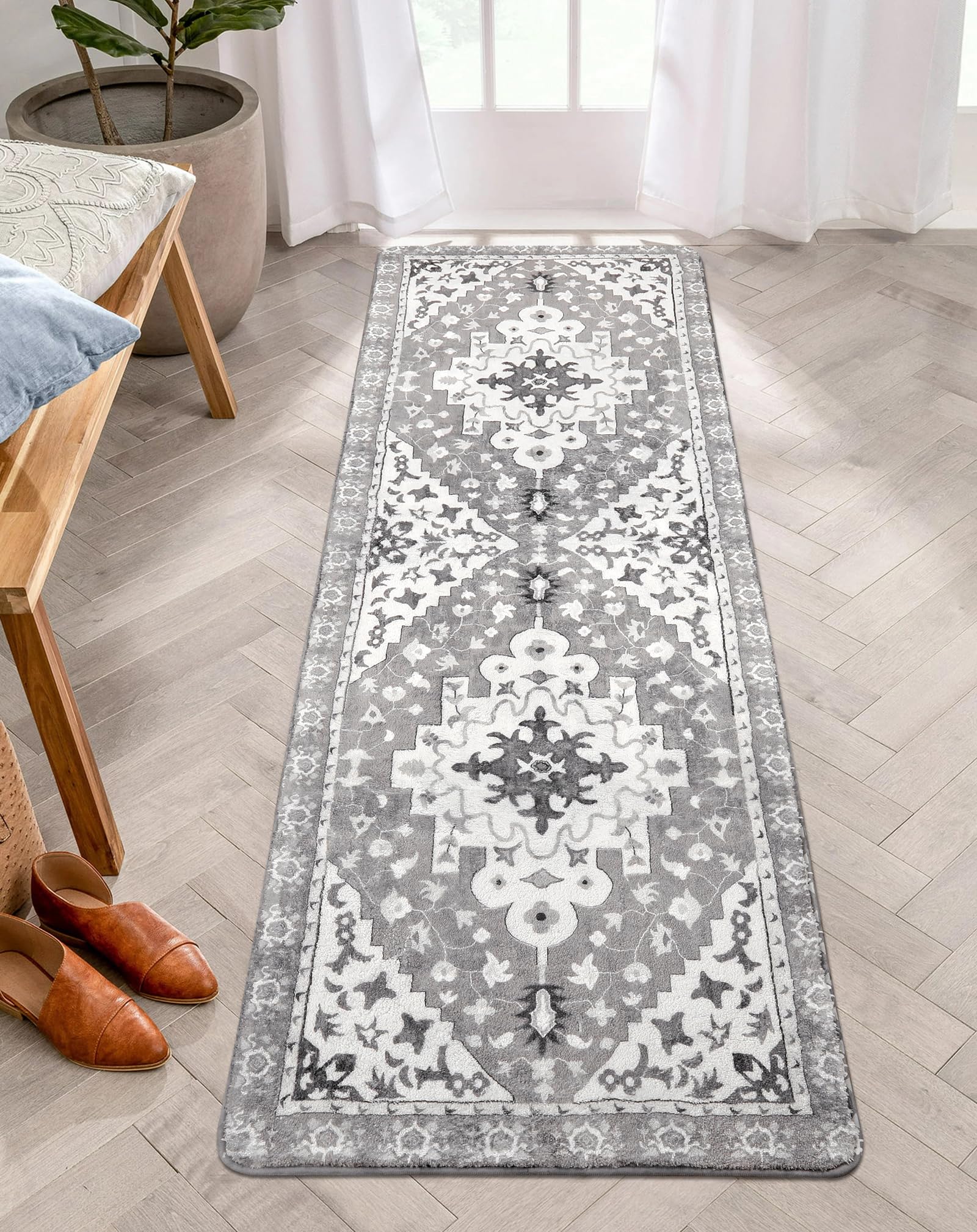 Uphome Boho Vintage Bathroom Runner Rug Gray Non-Slip Soft Bedroom Rug Machine Washable Oriental Kitchen Rug Traditional Tribal