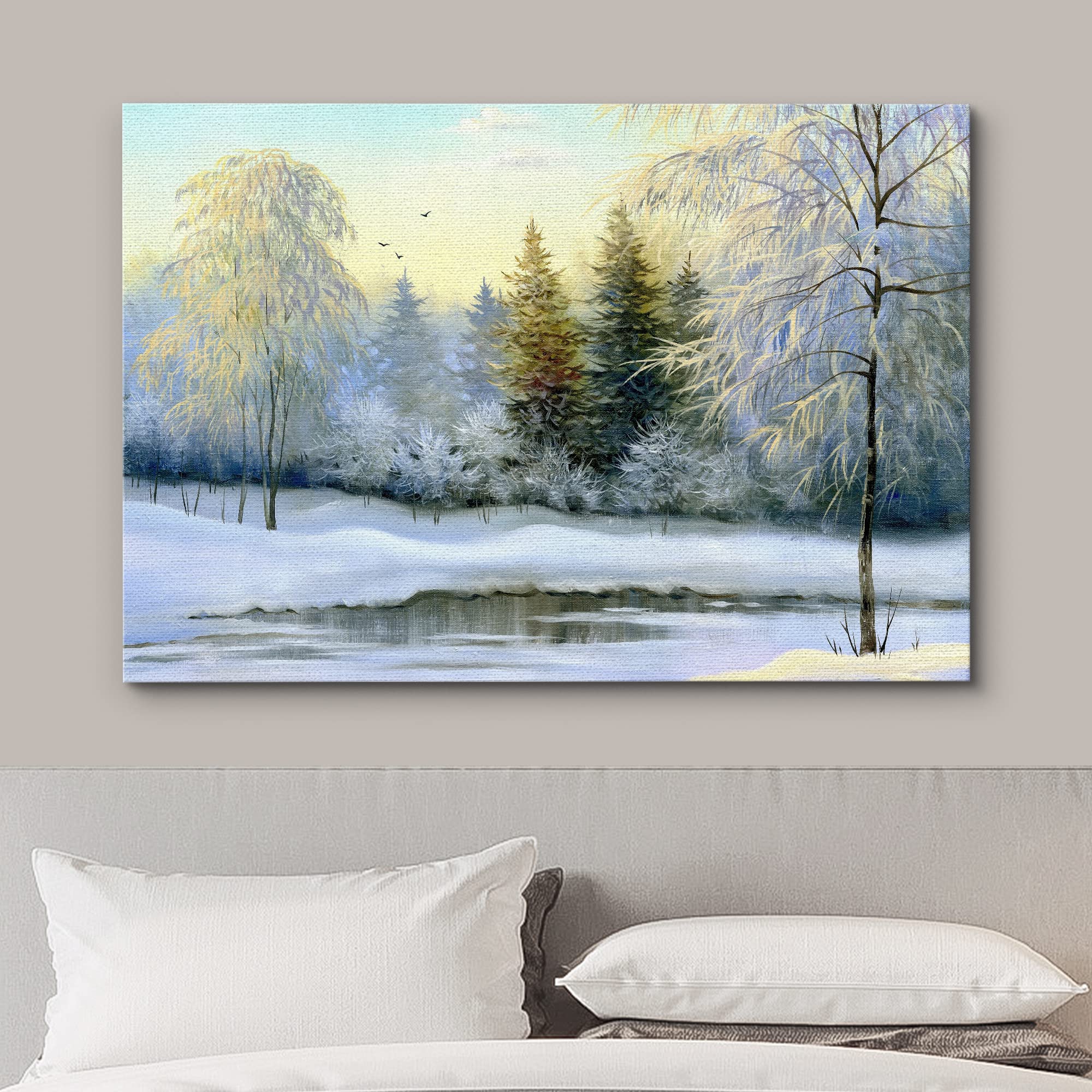 wall26 Canvas Print Wall Art Winter Forest Landscape with Frozen Lake Nature Wilderness Illustrations Modern Art Rustic Scenic Colorful Multicolor for Living Room  Bedroom  Office - 24''x36''