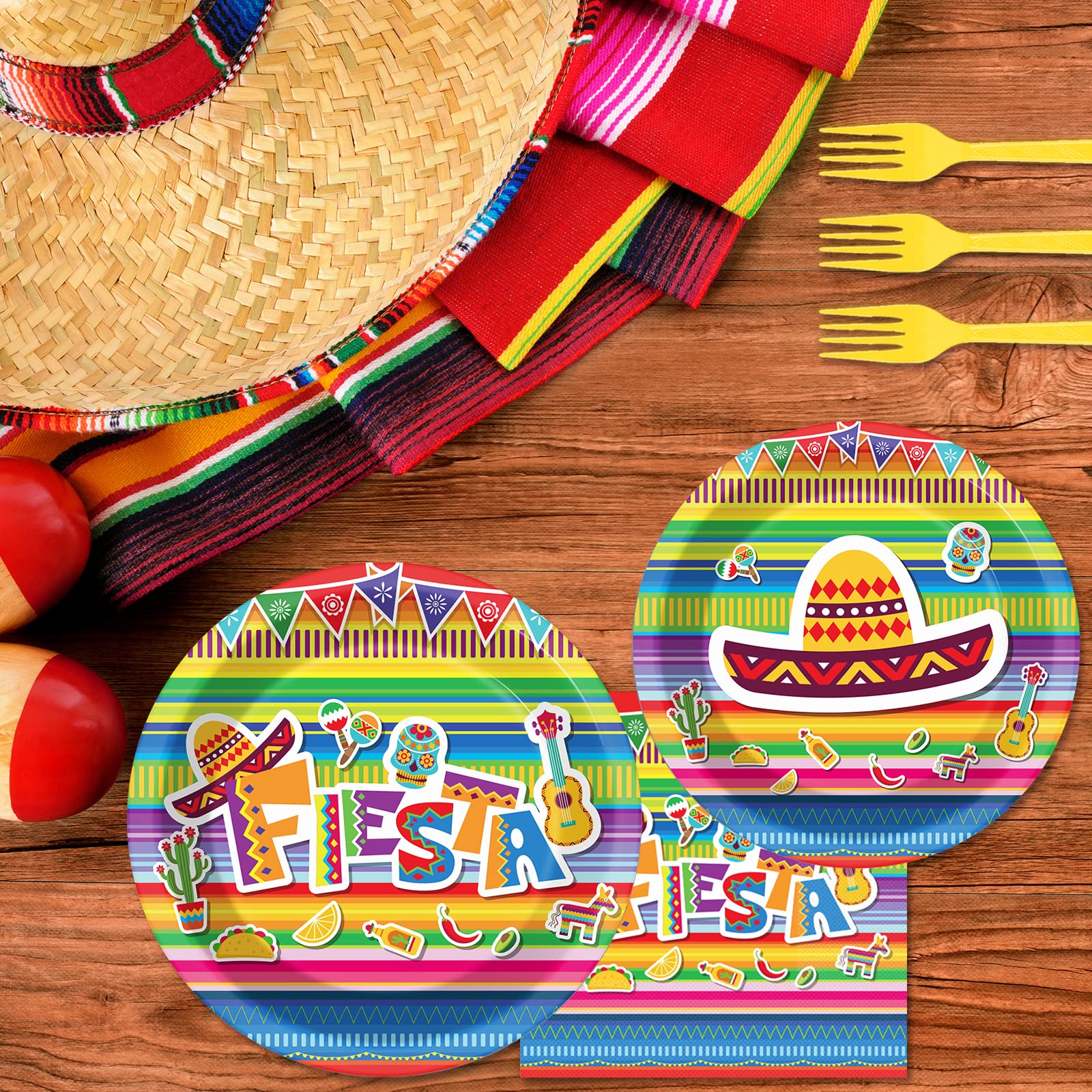 96 Pieces Fiesta Party Decorations Mexican Plates Tableware Set For Cinco De Mayo Party Decorations Supplies Mexican Themed Pape