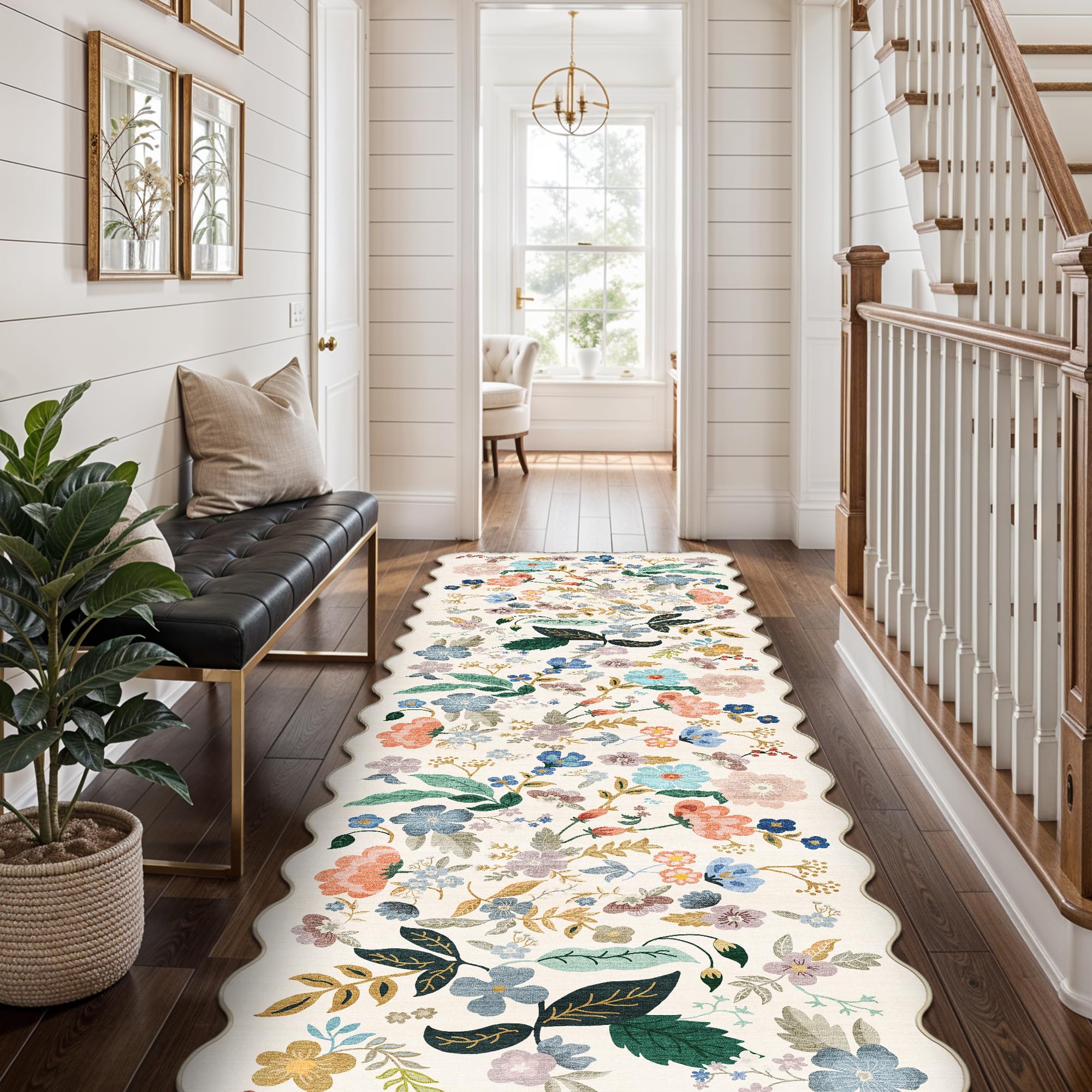 Washable 2x8 Hallway Runner Rug: Vintage Water-Resistant Floral Scalloped Kitchen Entryway Rug Ultra Soft Living Room Bedroom Ca