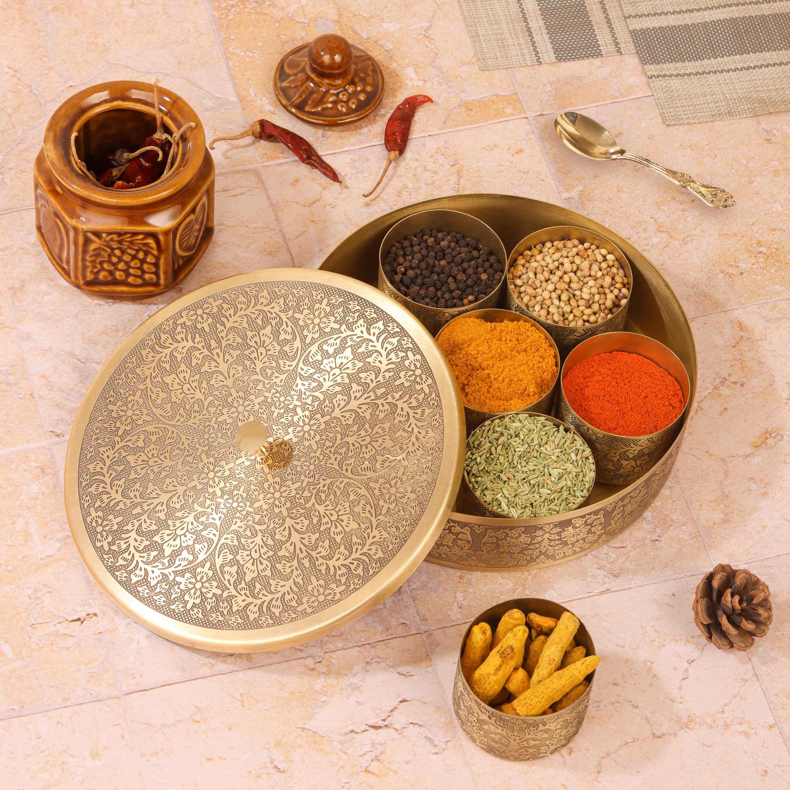 Akshata Floral Etched Handcrafted Brass Spice Box Set For Kitchen With Spoon (7 Containers, 150 Ml)  Masala Dabba, Bronze Antiq