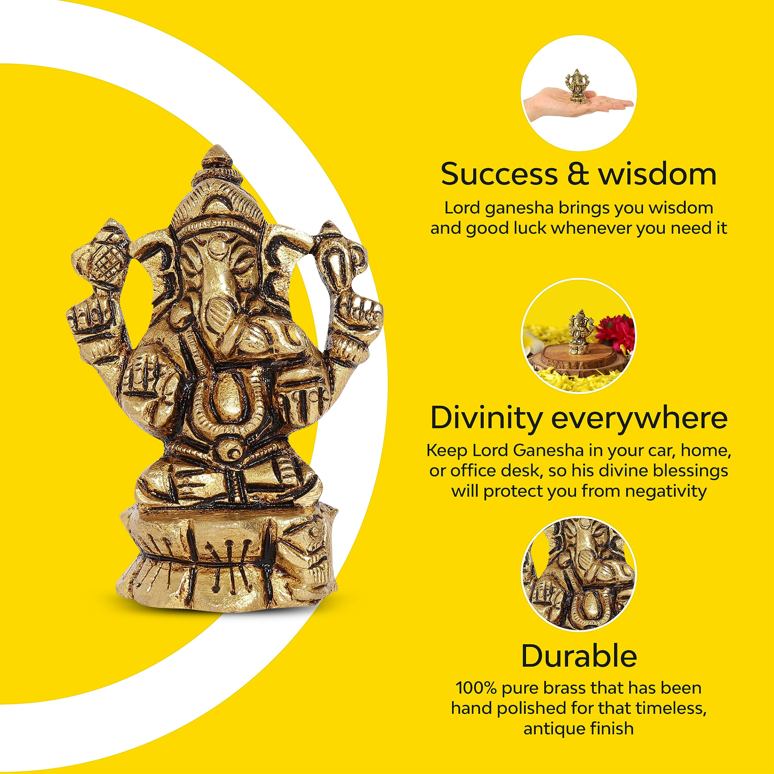 10Club Lord Ganesha Idol - 1Pc (5.9 cm, 160 Grams) - 100% Pure Brass | Ganesha Sitting on a Lotus | For Desk, Car, Home Decor an