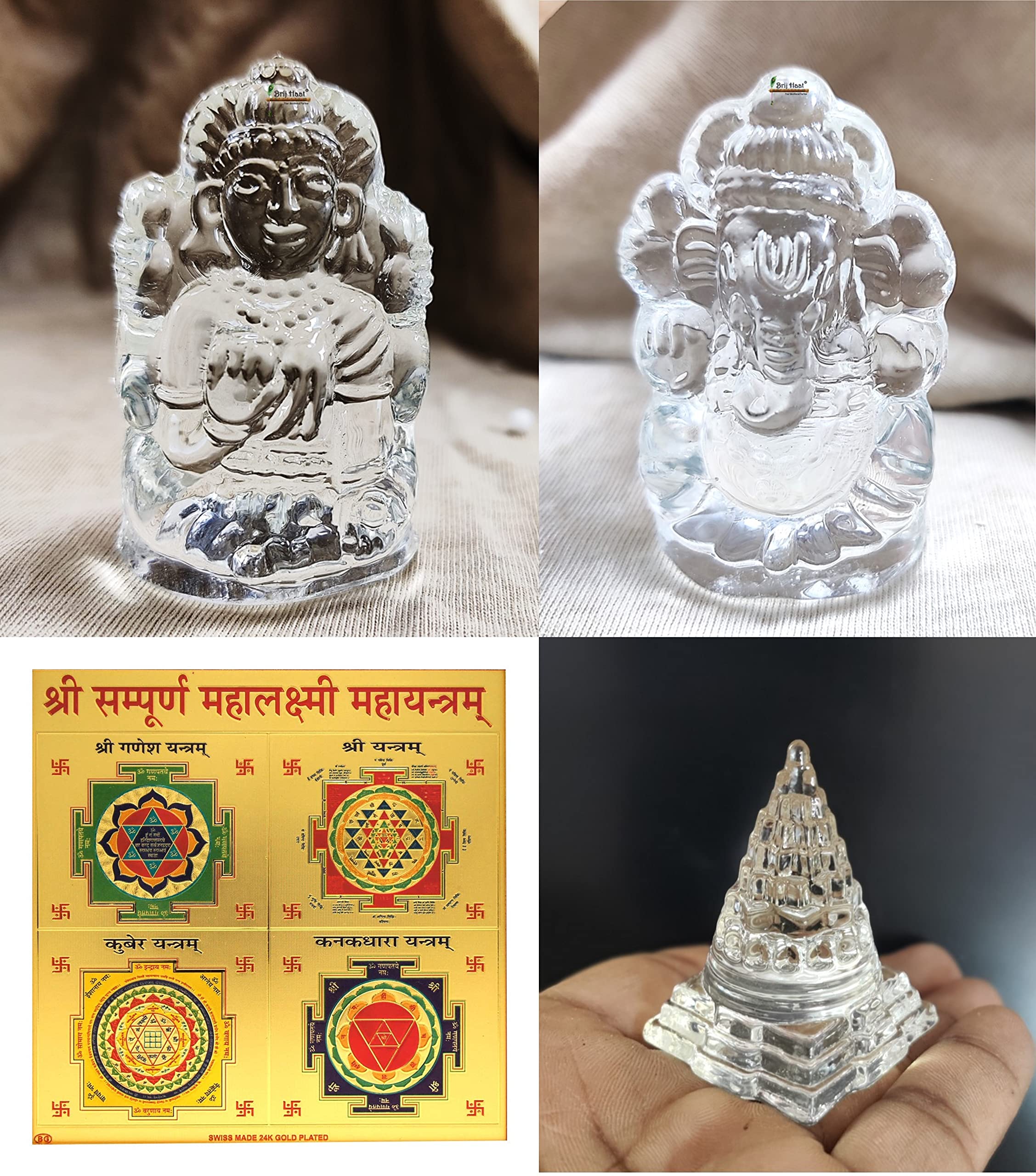 BRIJ HAAT Crystal Lakshmi Ganesh Idol Statue with maha Lakshmi Yantra and Shree Yantra for Home Office Pooja Gift (L.G.+ Yantra)