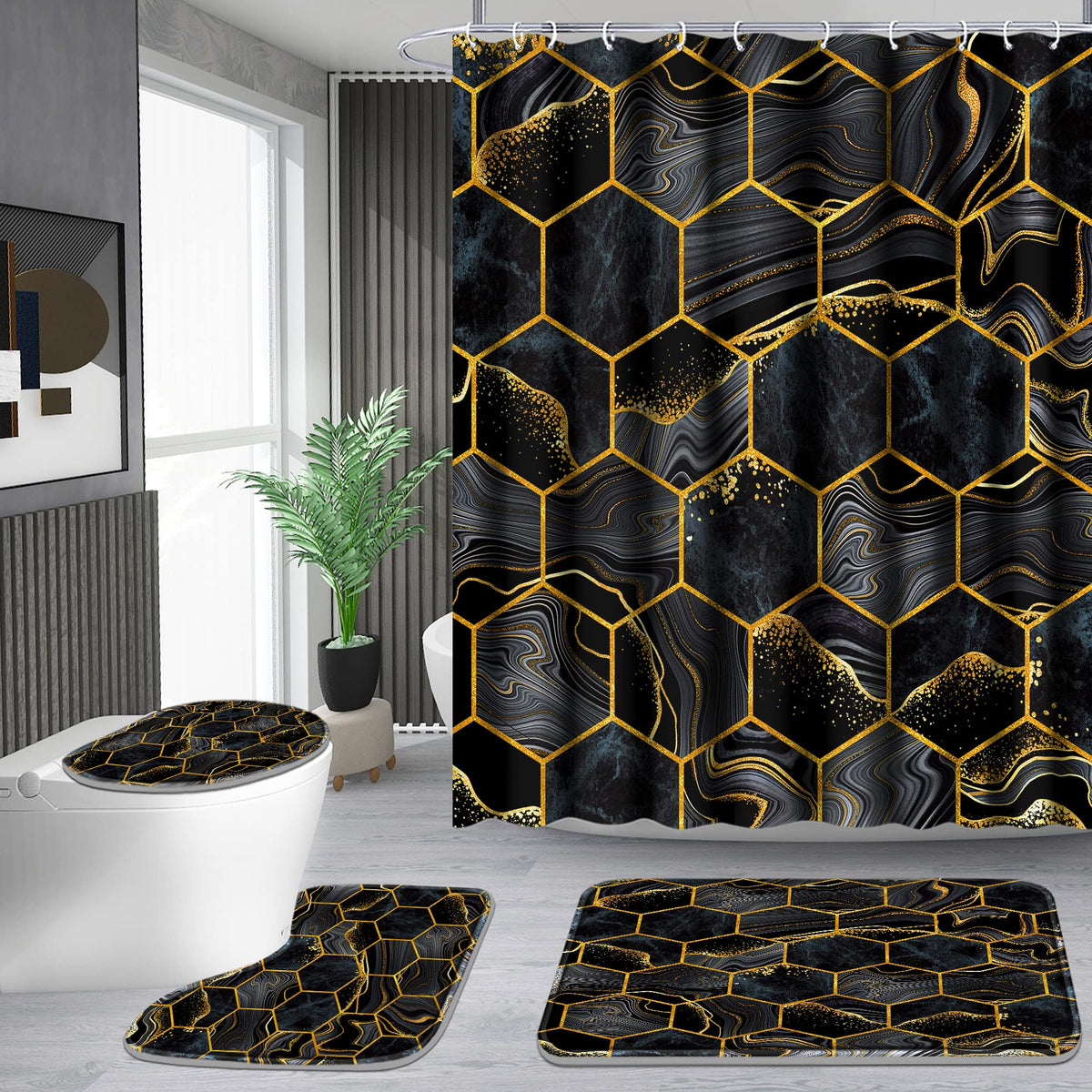 Poedist Shower Curtain Set With Rugs,Bathroom Accessory Set, Including Non-Slip Rugs,Toilet Lid Cover And Bath Mat, Waterproof S