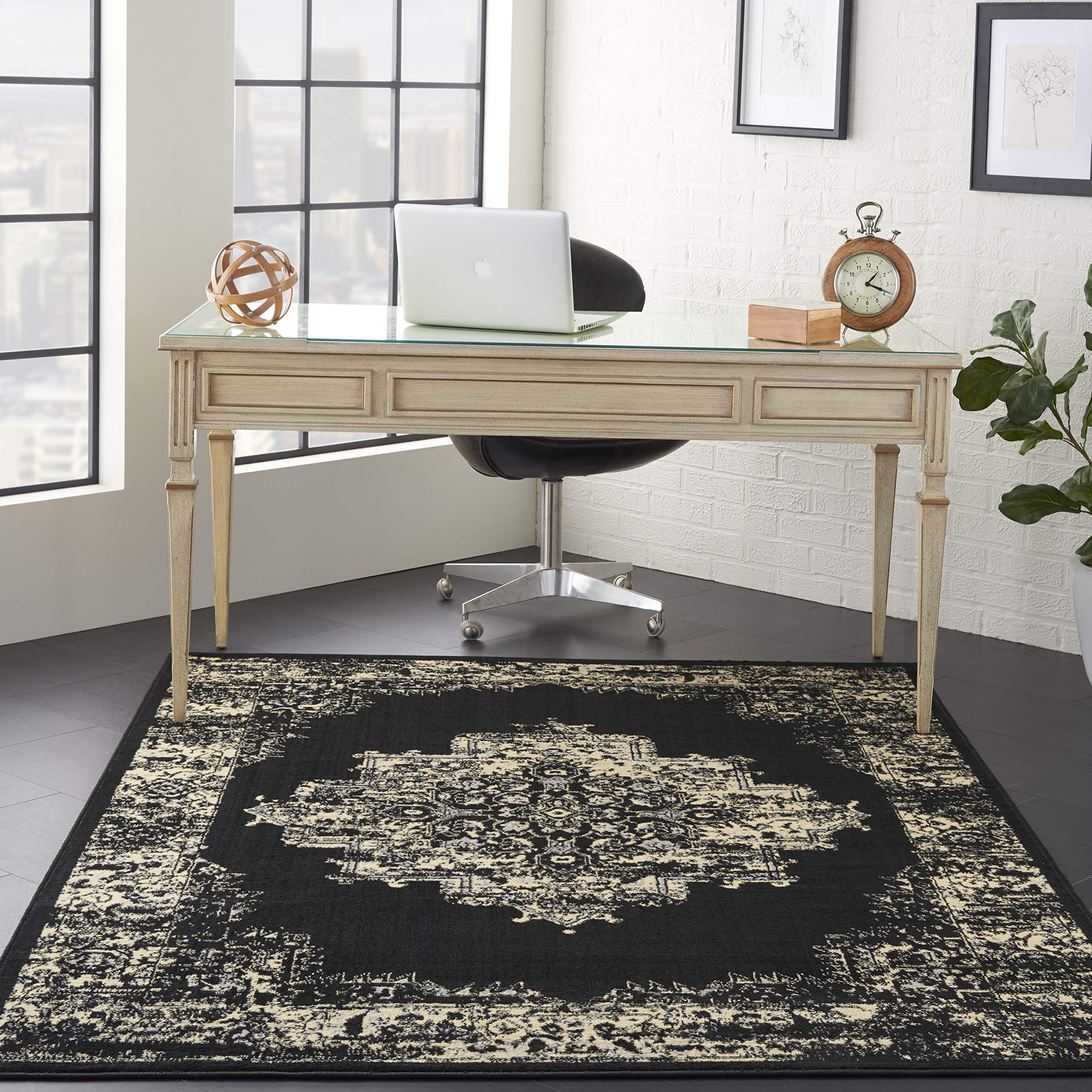 Nourison Grafix Black 53 x 73 Traditional Area-Rug, Modern, Easy-Cleaning, Non Shedding, Bed Room, Living Room, Dining Roo