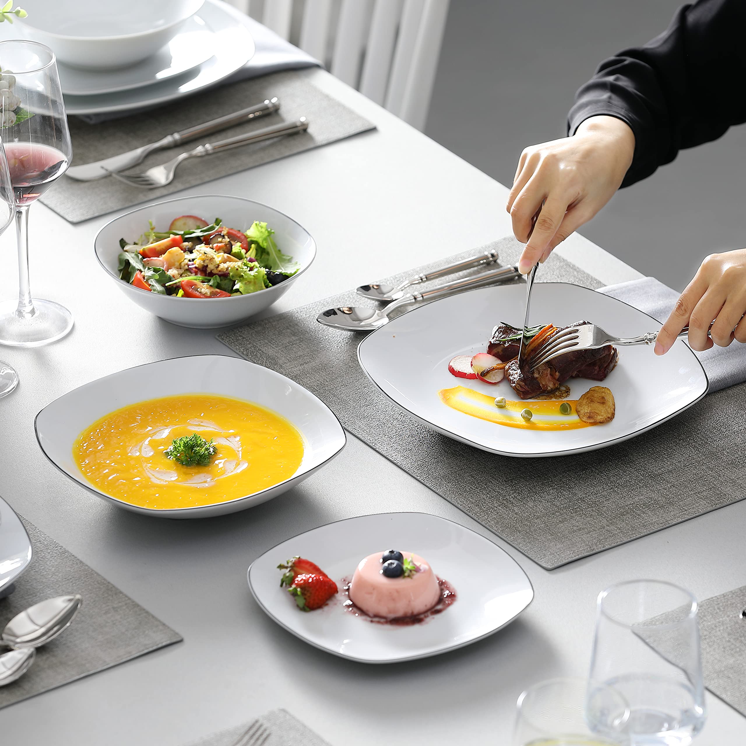 MALACASA 24-Piece Dinnerware Set, Porcelain Square Plates & Bowls, ELISA-Black Rim, Chip Resistant, Service for 6
