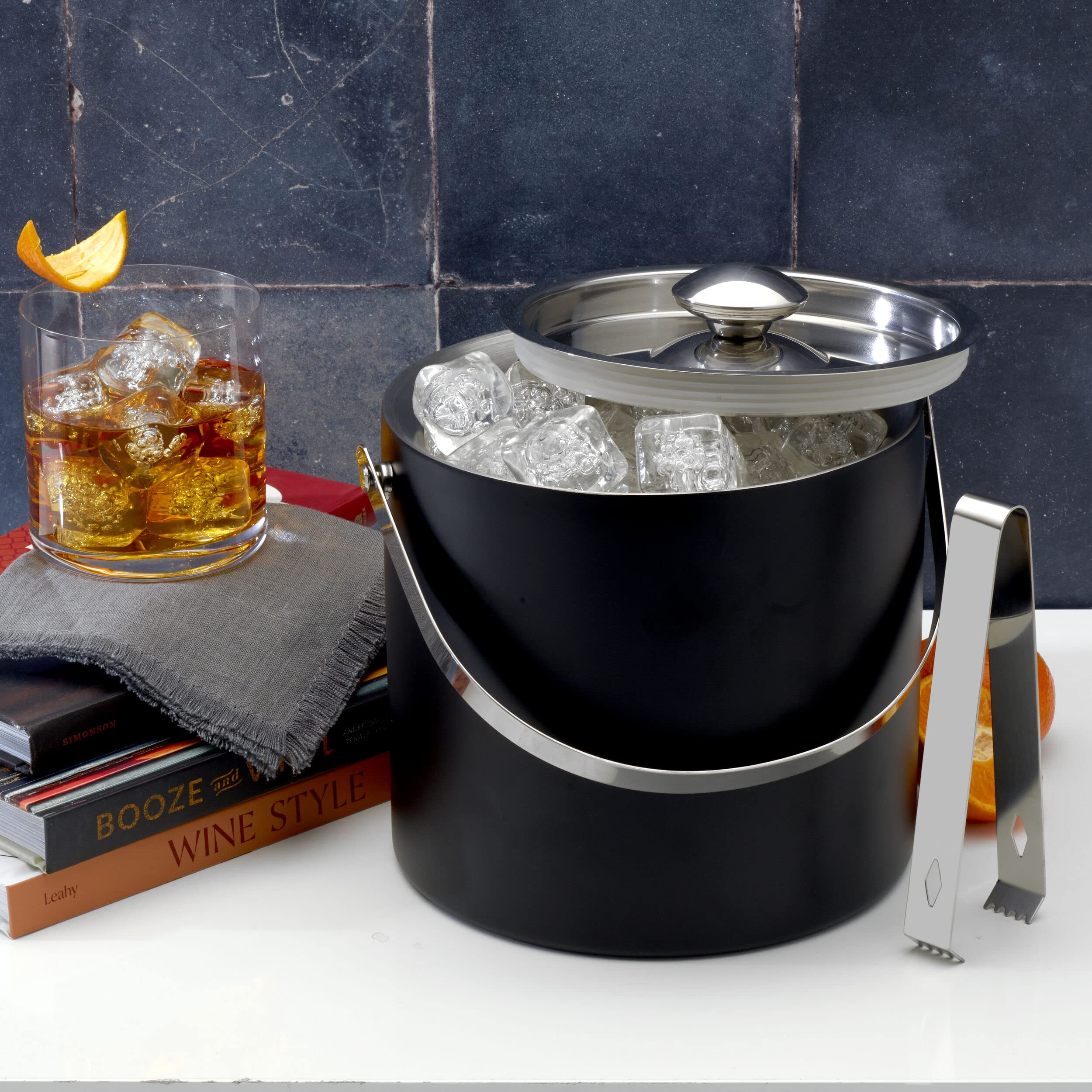 Houdini Double Wall Ice Bucket - Matte Black Stainless Steel with Ice Tongs, Model 5272769