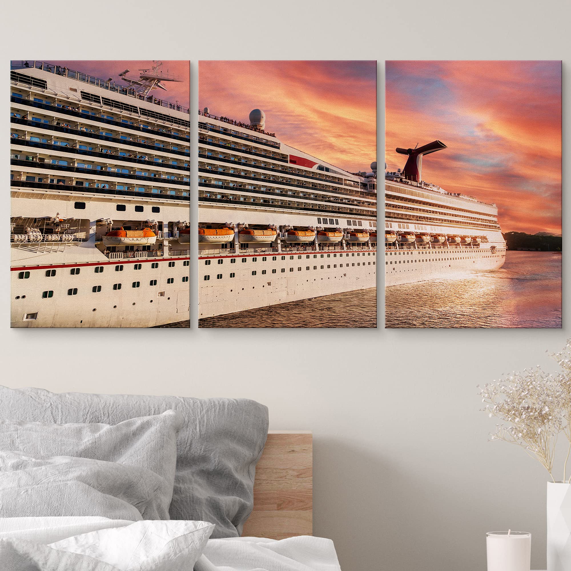 Wall26 Canvas Print Wall Art Set White Cruise Ship In Sunset Seascape Nature Ocean Photography Realism Nautical Scenic Colorful