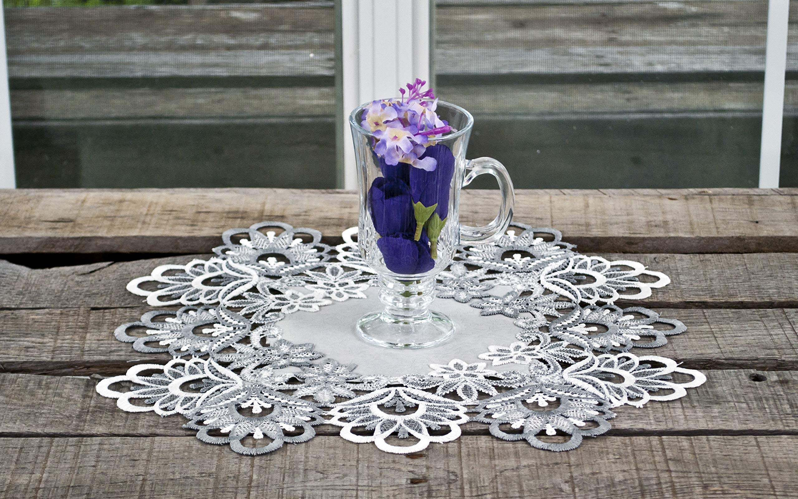 Silver Antique Jacquard Peacock Tail Lace Doily, Place Mat, Table Centerpiece, Table Topper (14 Inch Square)