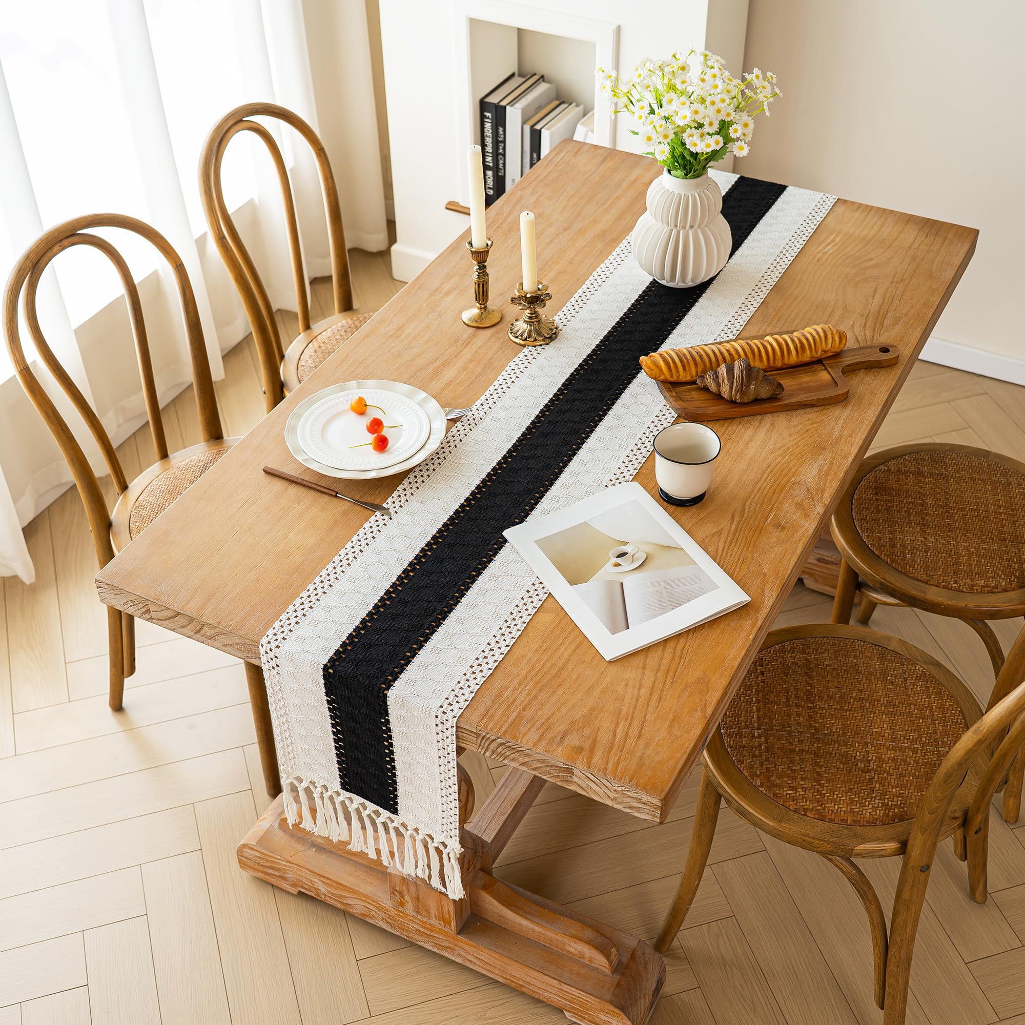 FEXIA Boho Table Runner for Christmas Home Decor with Tassels 72 Inches Long Farmhouse Rustic Black Halloween Table Runner Macra