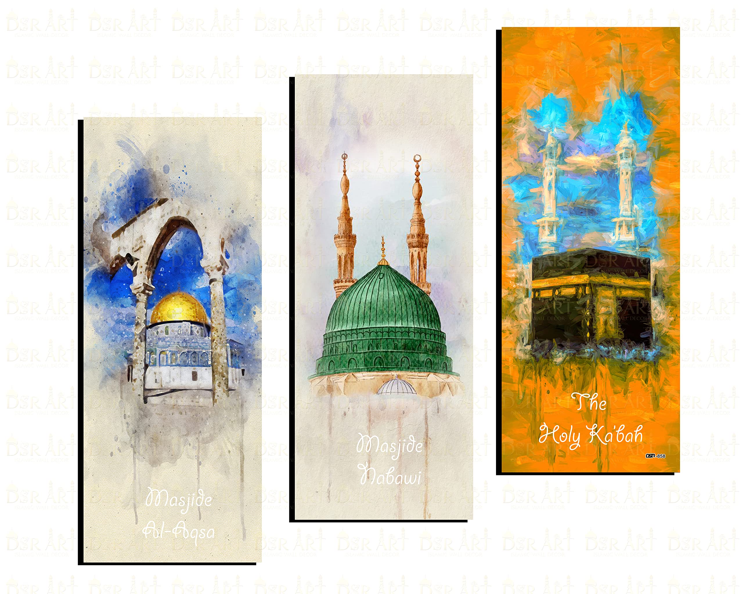 Dsr Art Makkah Kaaba Madina Shareef Masjid Aqsa Canvas Effect For Islamic Wall Canvas Pack Of 3 Size 15X6 Inch