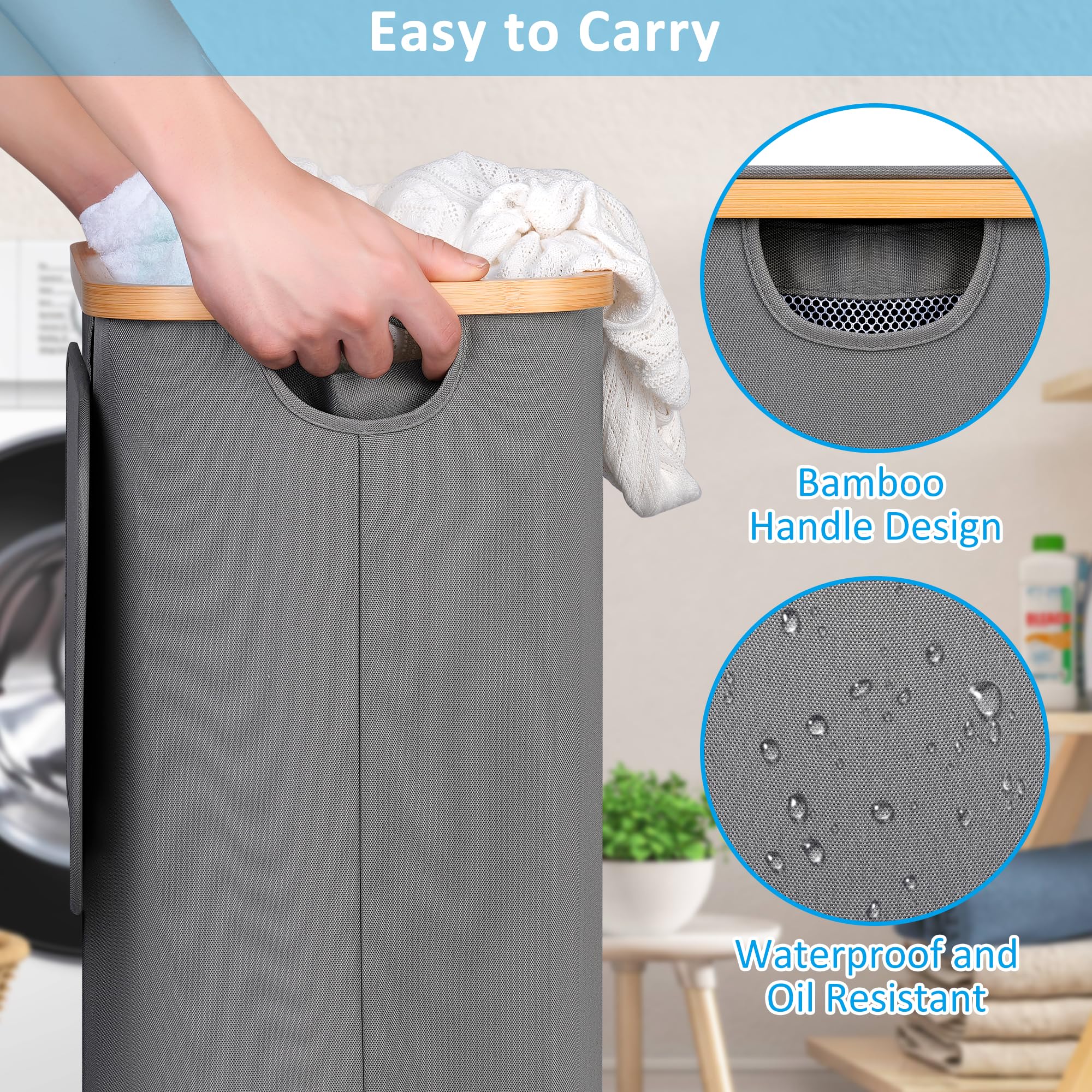 efluky Slim Rolling Laundry Basket with Lid, 75L Grey Hamper on Wheels for Bedroom, Dorm, Bathroom, Model RollingBH_75GY