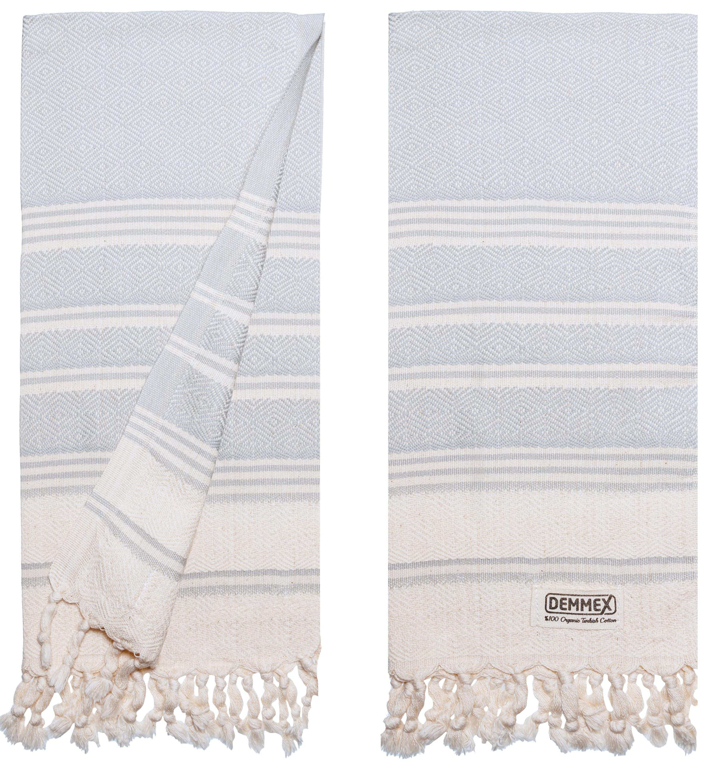 DEMMEX (Set of 2) Turkish Hand Towels  100% Certified Organic Cotton  Bathroom Hand  Face  Hair  Bath  Gym  Kitchen Towel  Dishcloth  Prewashed  Double Tied Tassels  18x36 Inches (Gray)