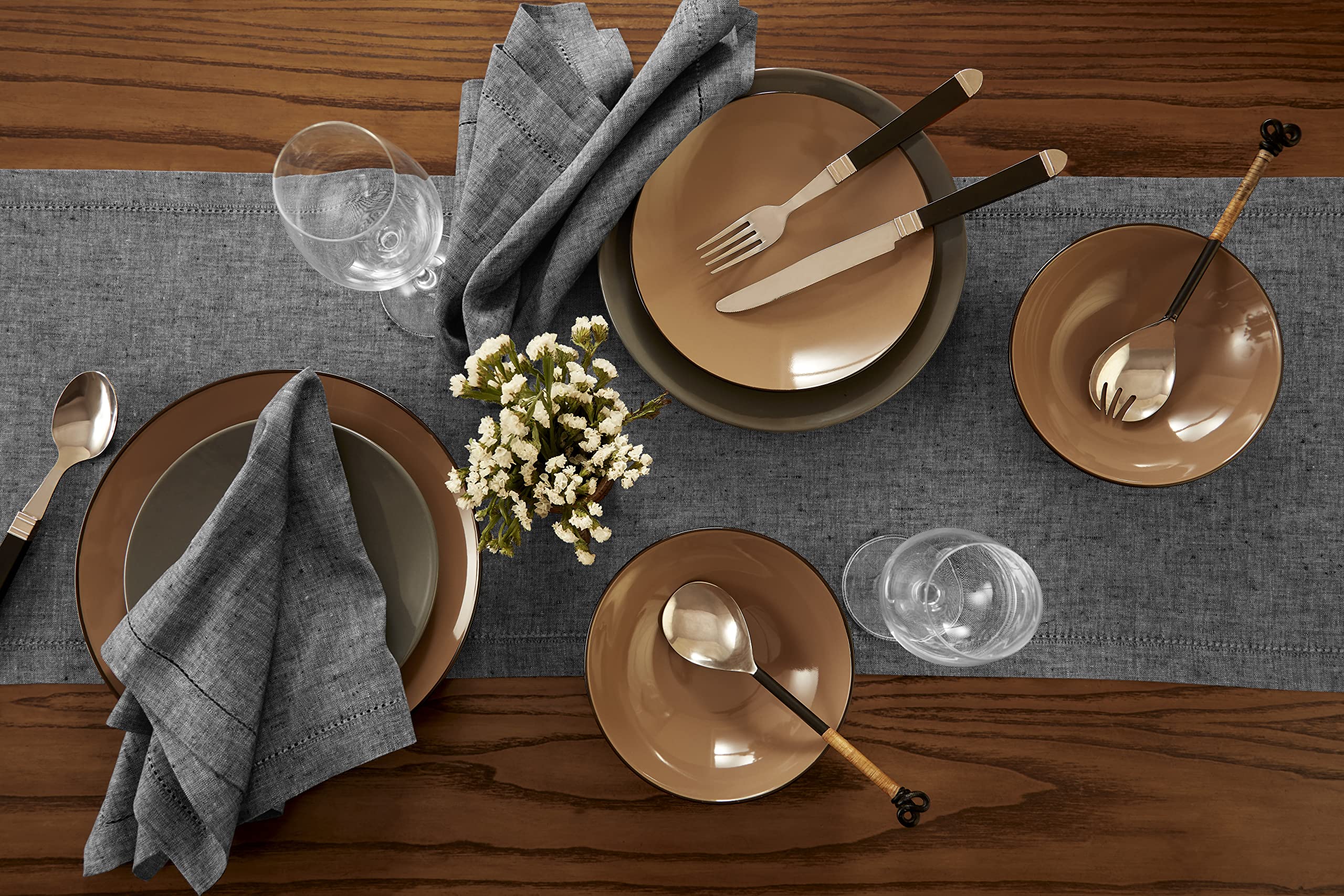 Solino Home Hemstitch Linen Table Runner Charcoal Grey - 100% Pure Linen 14 x 108 Inch Long Table Runner for Spring  Summer -