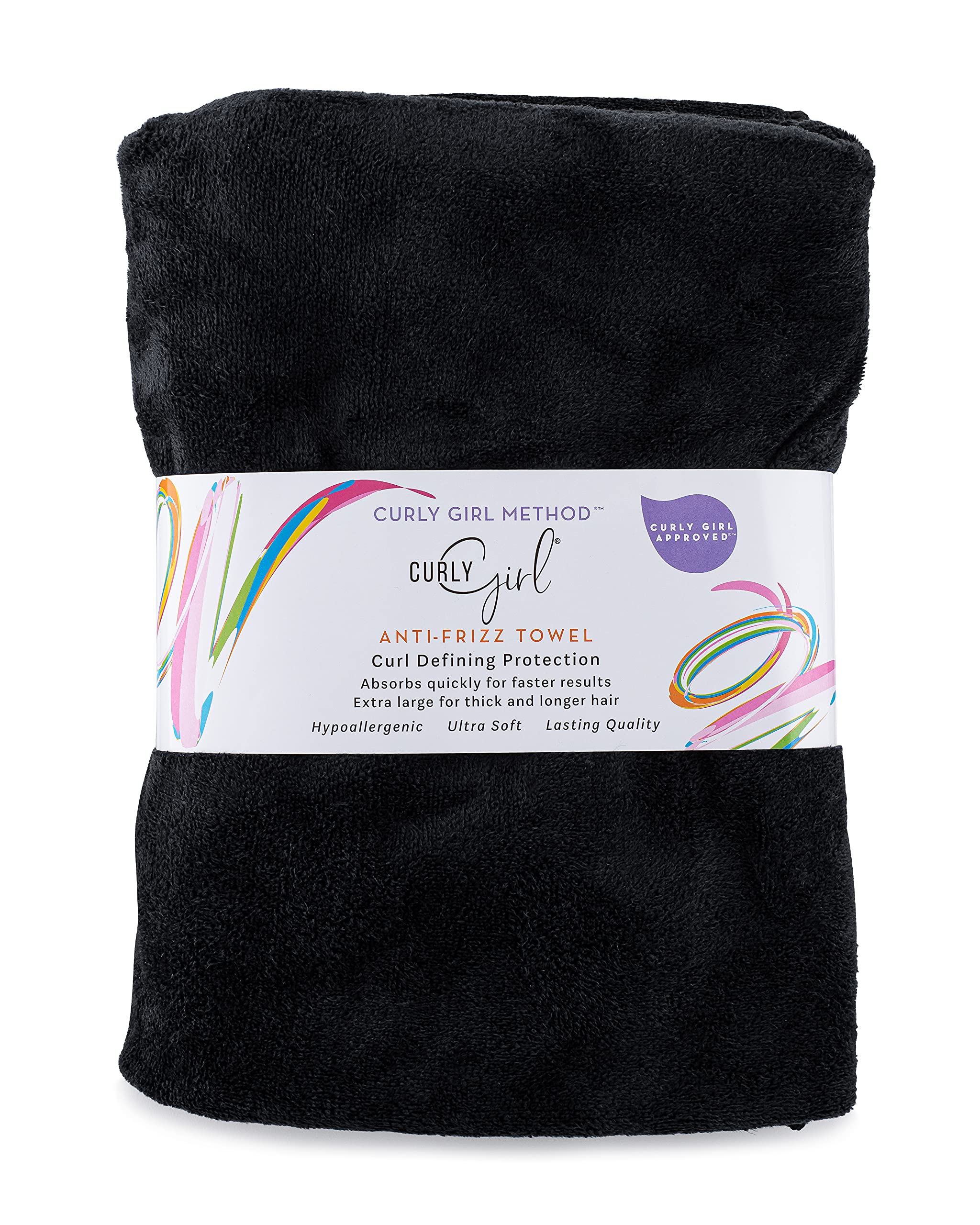 Curly Girl, Curly Hair Towel, Large Microfiber 22'' x 39'', Super Absorbent (Black)