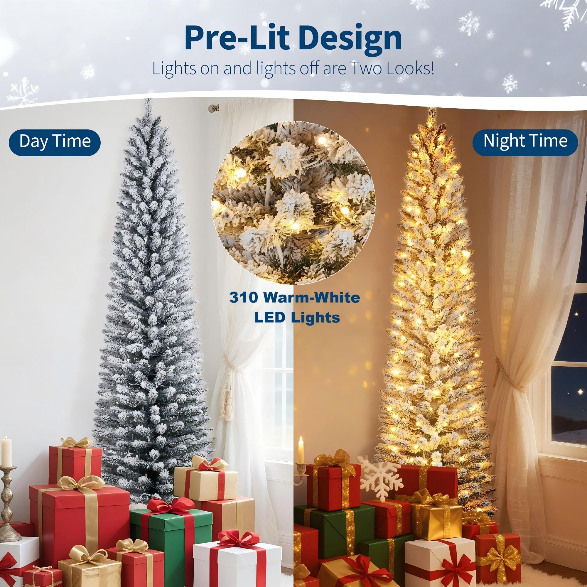 9Ft Pre-Lit Snow Flocked Pencil Christmas Tree, Fir Hinged Slim Skinny Corner Xmas Tree with 310 Incandescent Warm White Lights