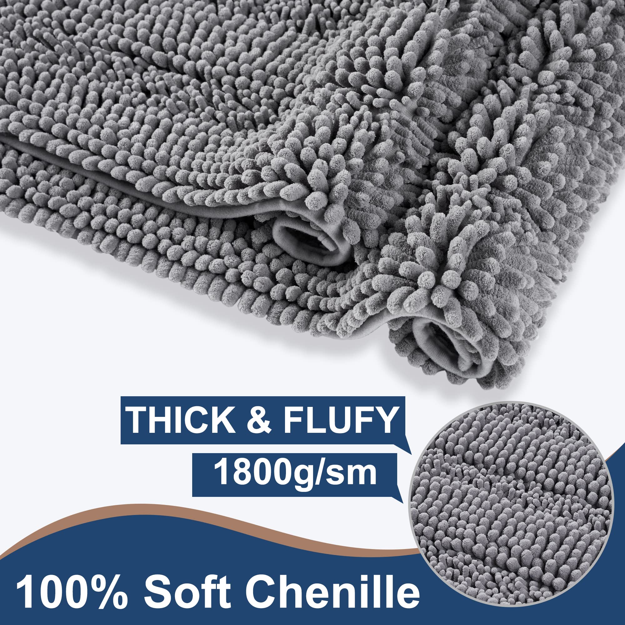 Floleopa Non Slip Thick Shaggy Chenille Grey Bathroom Rug Sets 2 Piece, Thickened Hot Melt Rubber Bottom Bath Mats For Bathroom,