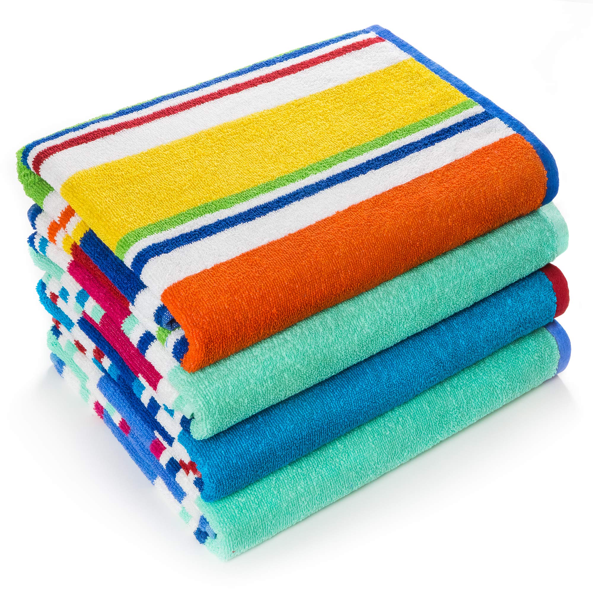 Extra Large Terry Loop Cabana Stripe Beach Towel 34 X 63 Inch Soft Resort Style (Assorted Cabana, 4 Pack)