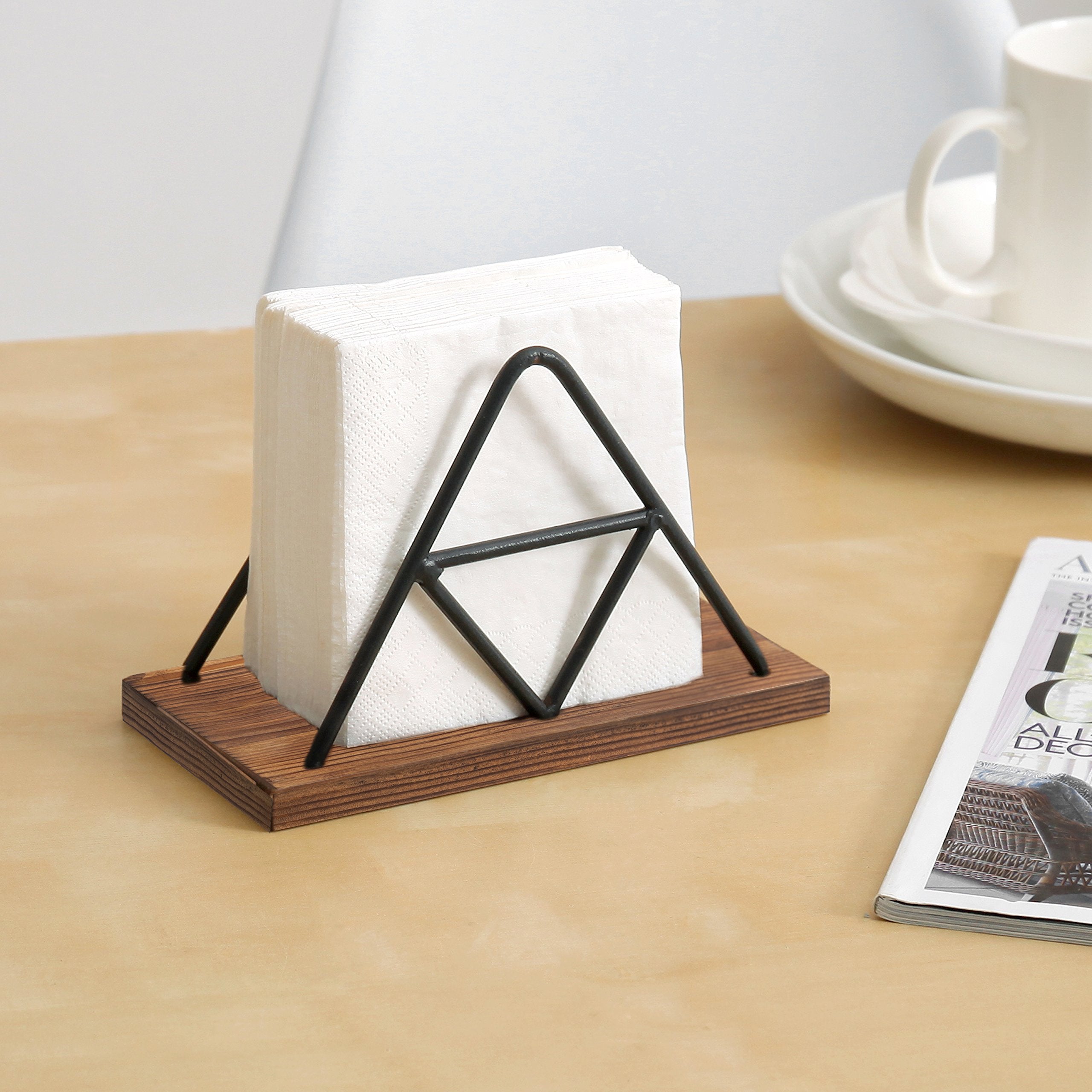 Mygift Matte Black Metal Wire Triangle Napkin Holder With Rustic Burnt Solid Wood Base, Tabletop Geometric Serviette Dispenser R
