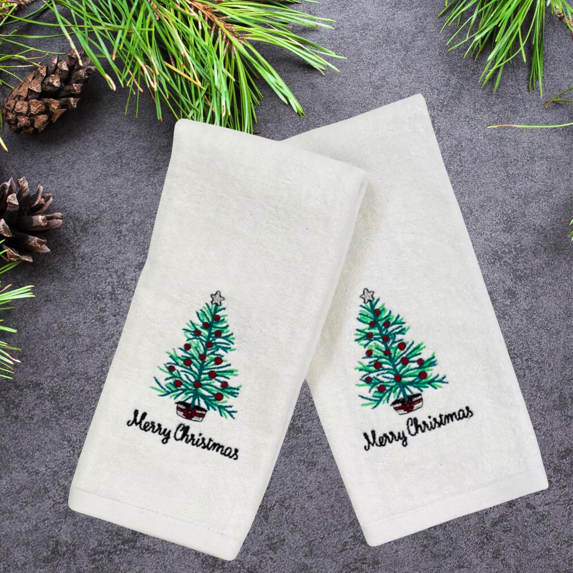 Luxury Winter Holiday Christmas Bath Kitchen Hand Towel Set: Decorated White Rustic Christmas Tree, Merry Christmas Motif, Velou