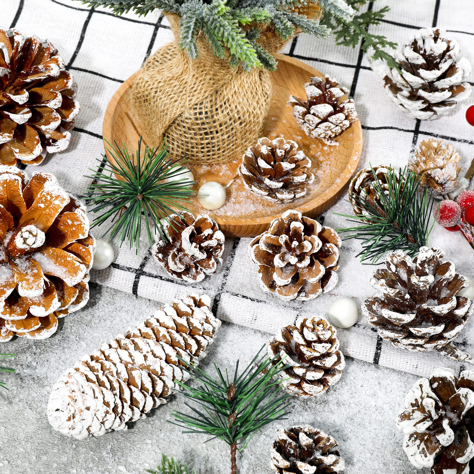 Whaline 170Pcs Christmas Pine Cones Berry Pine Branch Set Snow Pinecones Pendant White Winter Holiday Ornament for DIY Crafts Ho