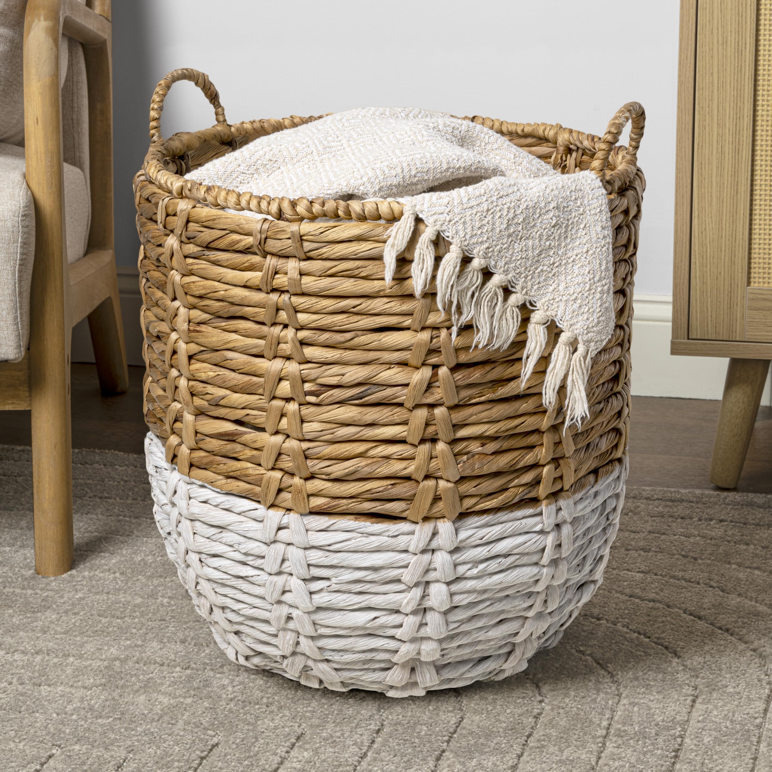 Happimess Bsk1003E Laurel 19.49 Bohemian Handwoven Abaca Hamper Basket With Handles, Seagrass Container For Decoration In Bedroo