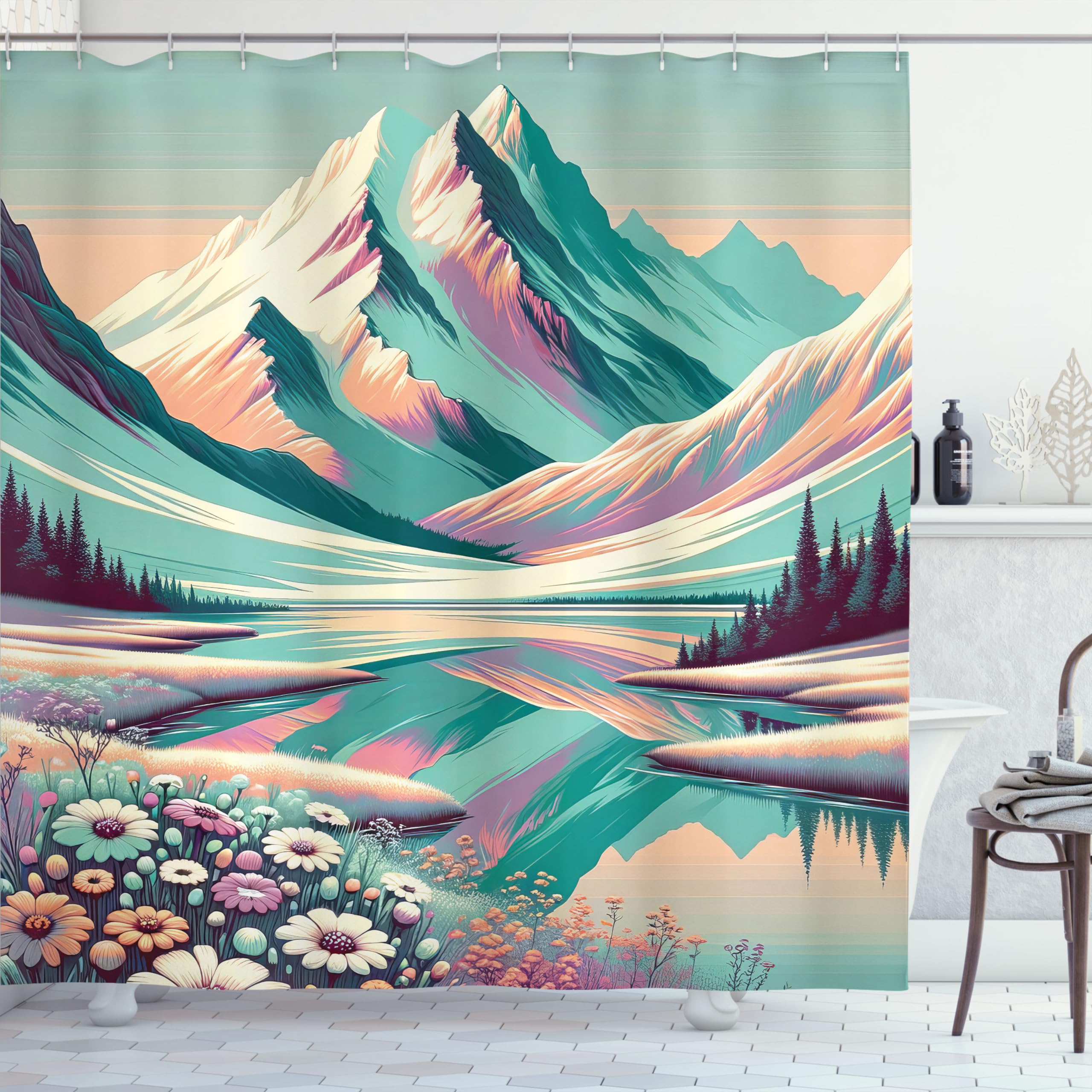 Ambesonne Lake Shower Curtain, Snowy Mountain Scenery And Floral Meadow Drawn With Dreamy Color Palette Print, Cloth Fabric Bath