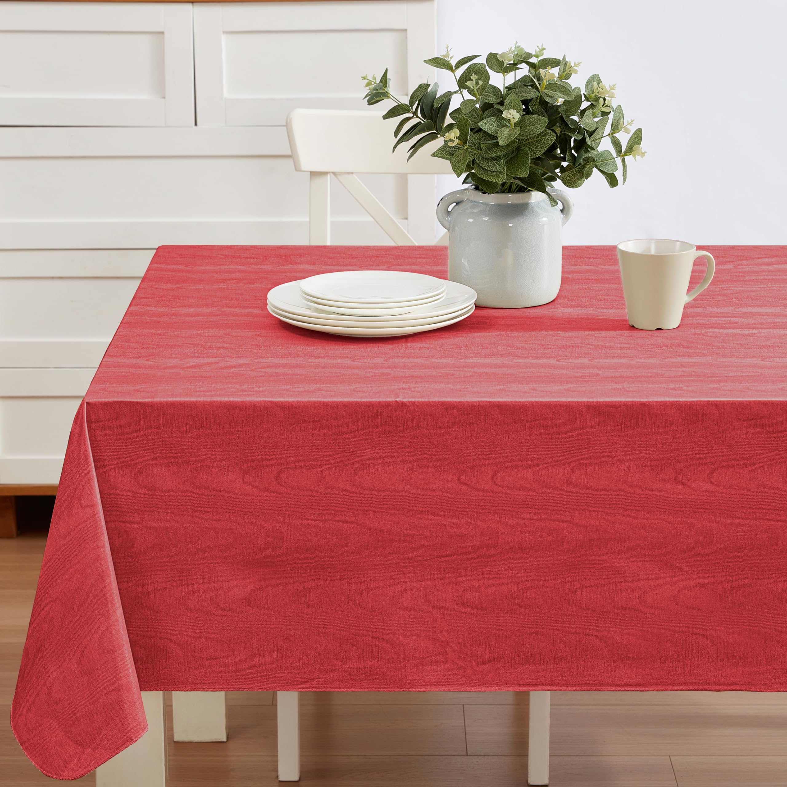 Newbridge Red Moire Wavy Solid Color Print Heavy Weight Vinyl Flannel Backed Tablecloth, Indoor/Outdoor Vinyl Tablecloth With Fl
