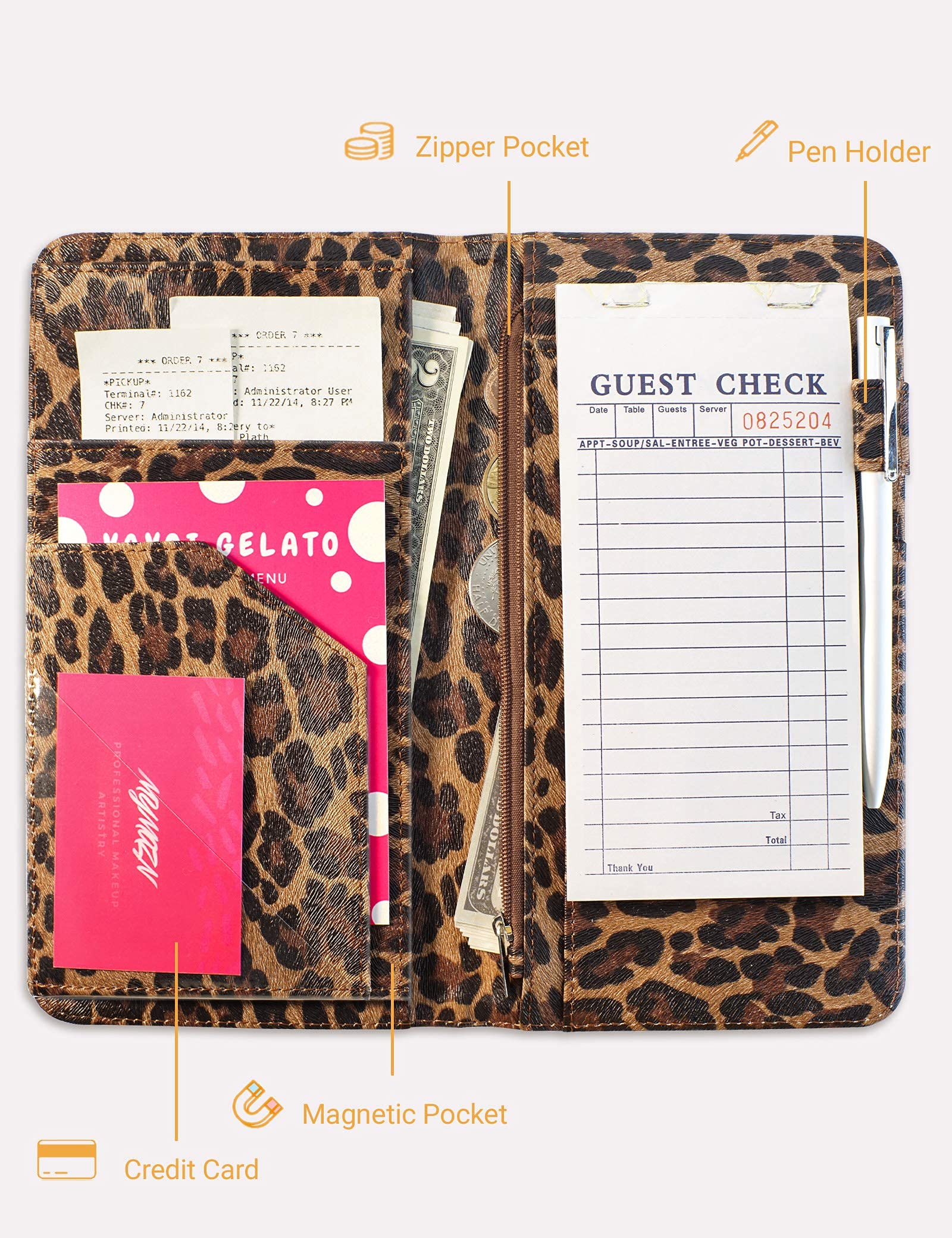 Server Book For Waitress Book With Zipper Pocket, 5X9 Leopard Magnetic Closure Server Wallet With Money Pocket And Zipper Pouch,