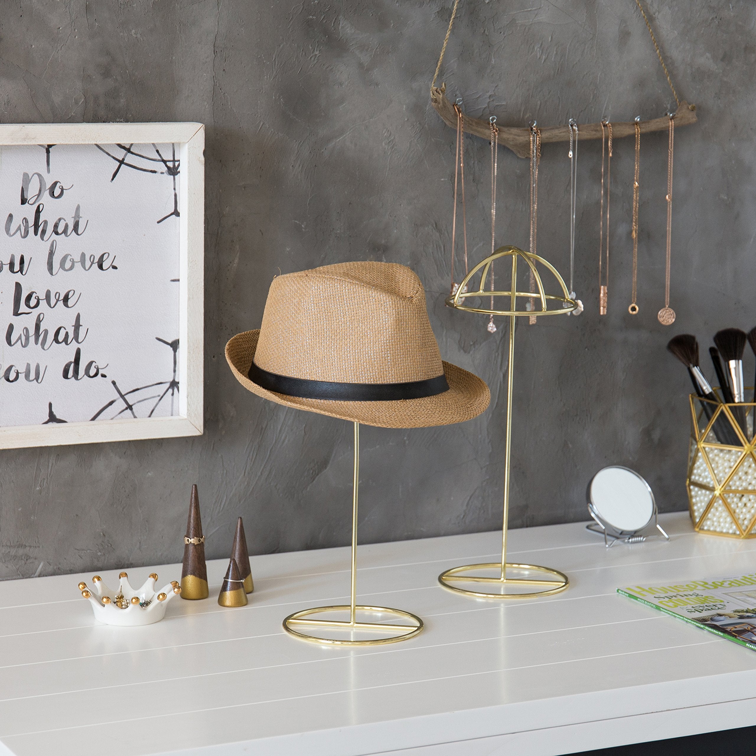 Mygift 14-Inch Brass-Tone Metal Wire Hat Holder Display Stand, Tabletop Wig, Toupee, Cowboy Hat, Fedora Rack, Set Of 2