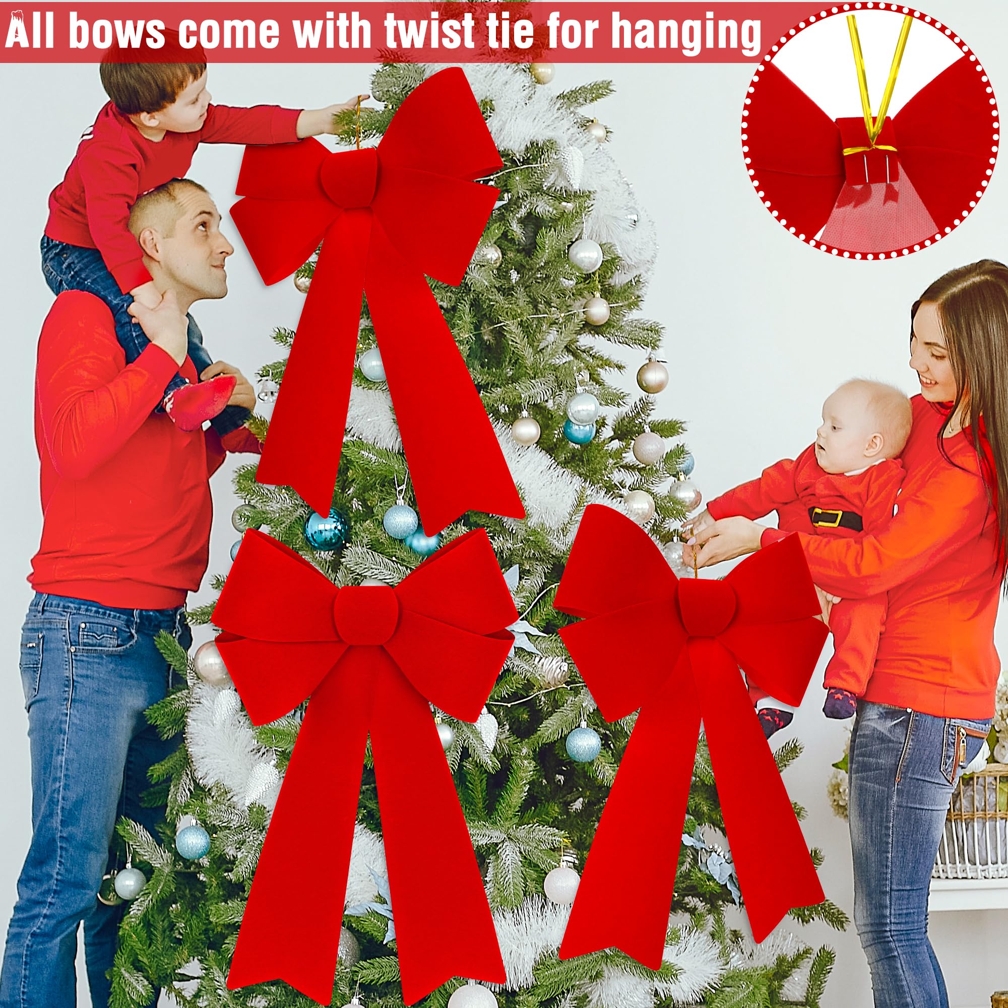 8 PCS Xmas Decorations, 12 x 18 Inch Red Christmas Bows, Red Velvet PVC Large Hanging Red Christmas Bows for Outside Indoor Xmas