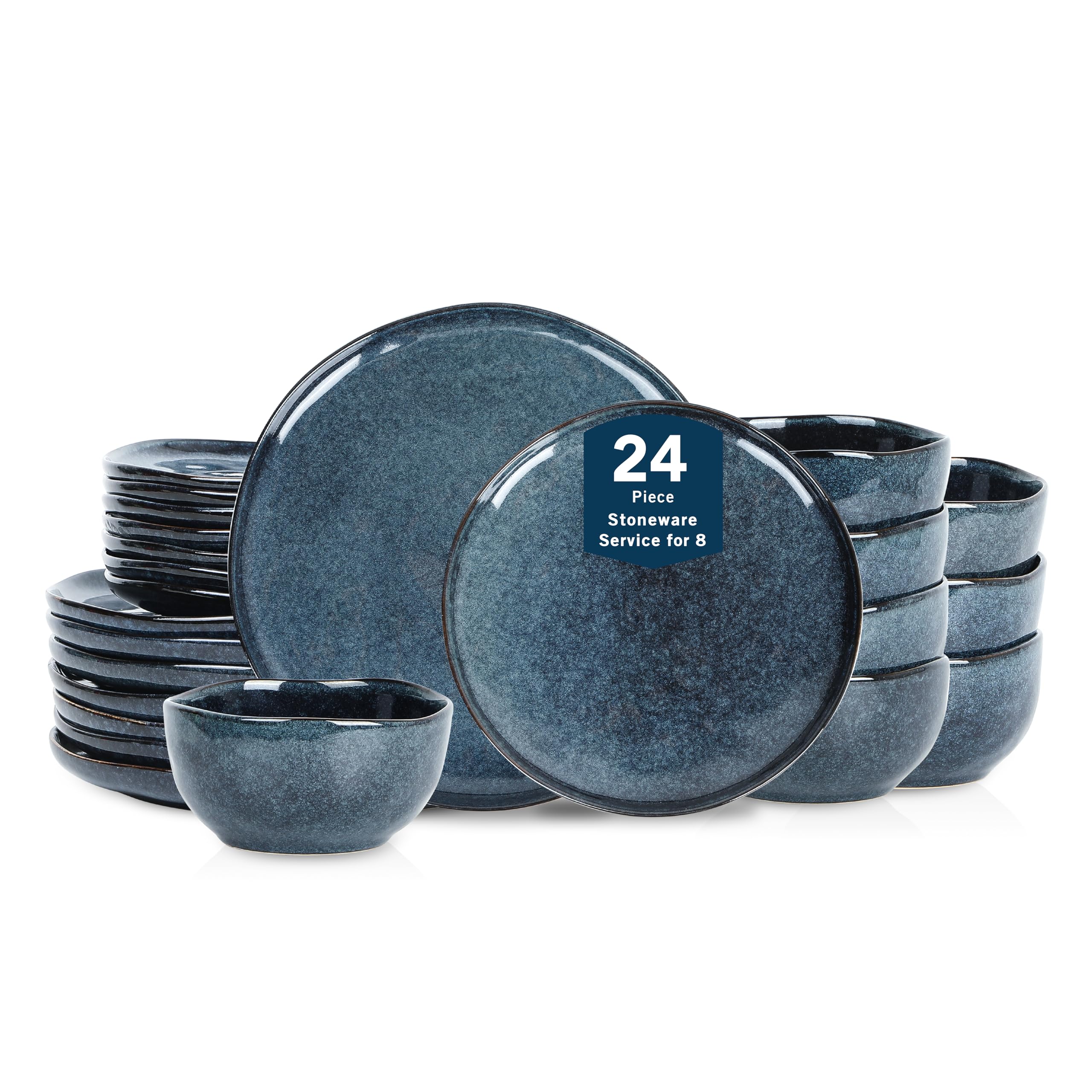 Stone Lain Mirella 24-Piece Stoneware Dinnerware Set, Service for 8 - Reactive Glaze, Deep Blue - Includes Dinner Plates, Salad 