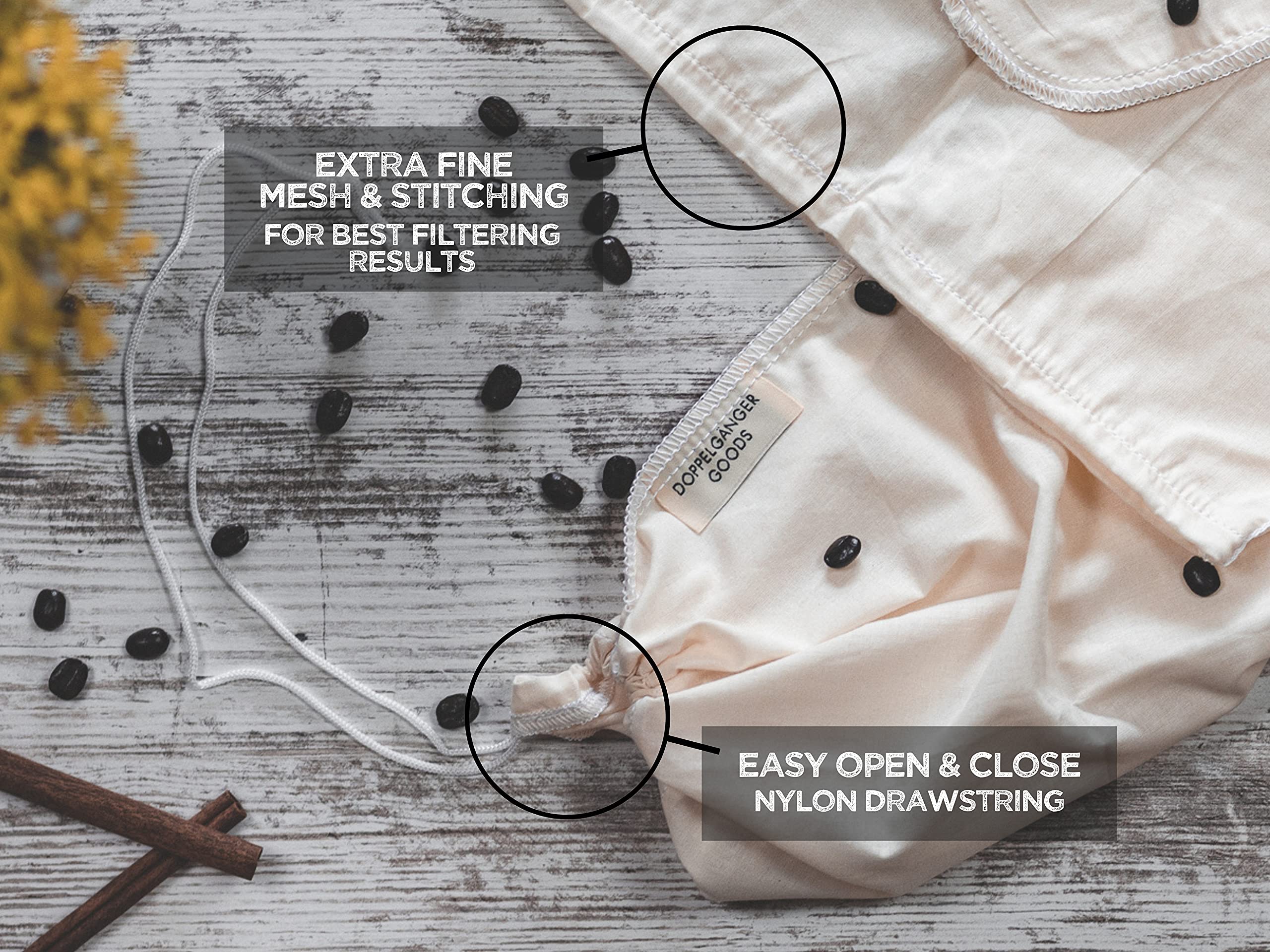 (2-Pack) Organic Cotton Cold Brew Coffee Bag - Designed In California - Reusable Coffee Filter With Easyopen Drawstring Cold Bre